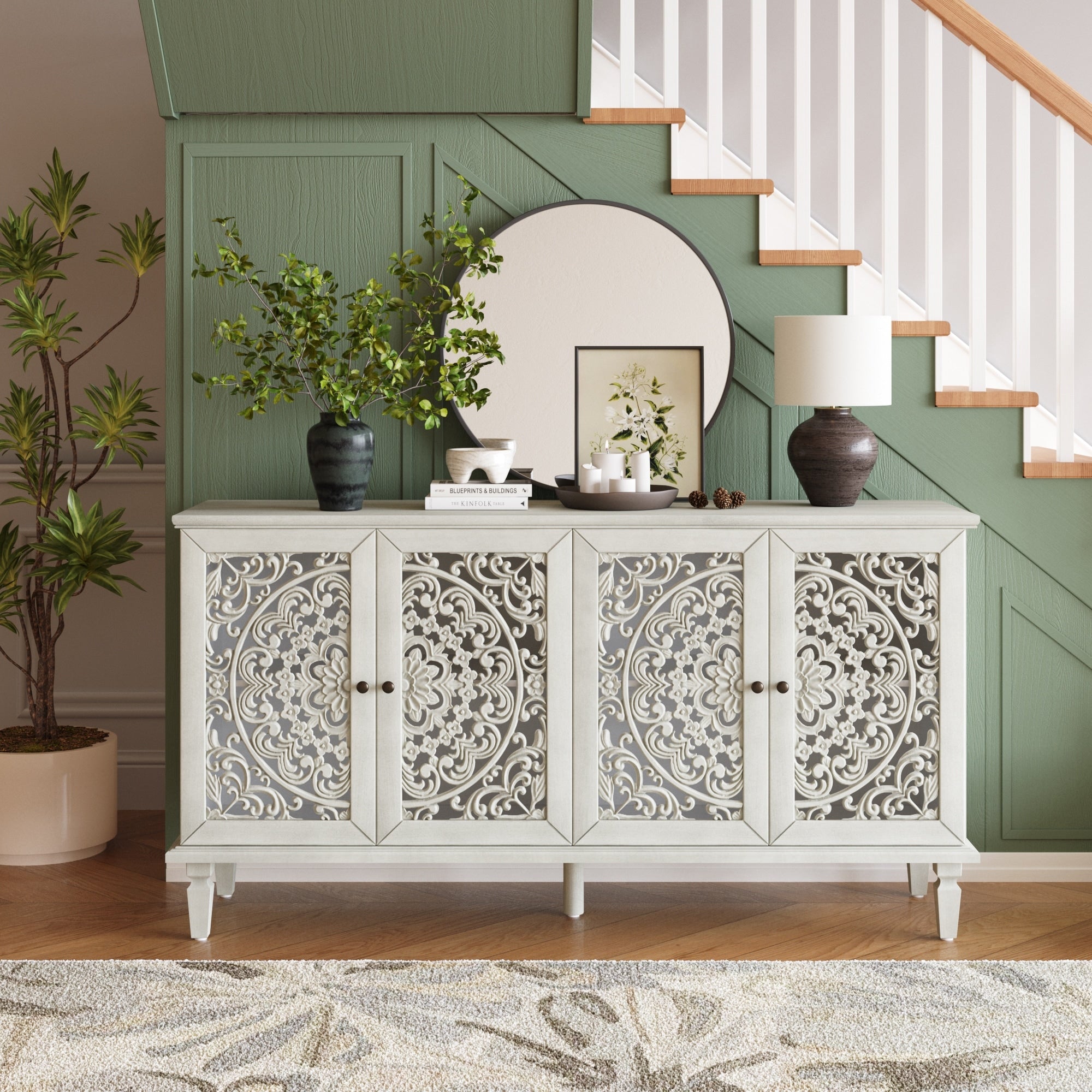 Gdfstudio Floral Heritage Antique Farmhouse Wooden Buffet Cabinet With Adjustable Shelves For 65 Inch Tvs