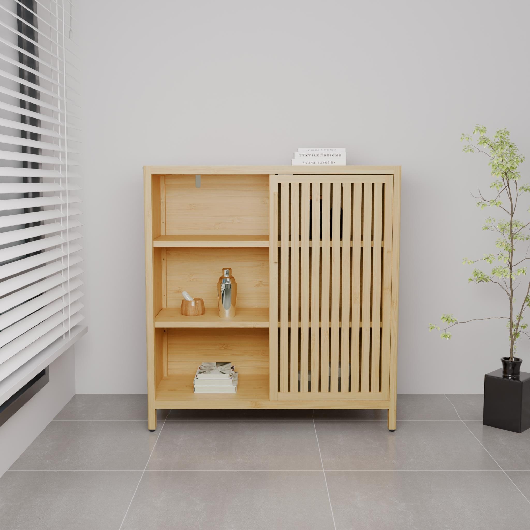 Gdfstudio Freestanding 32.9 Bamboo Bathroom Storage Cabinet With Open Shelf And Single Door For Versatile Home Use