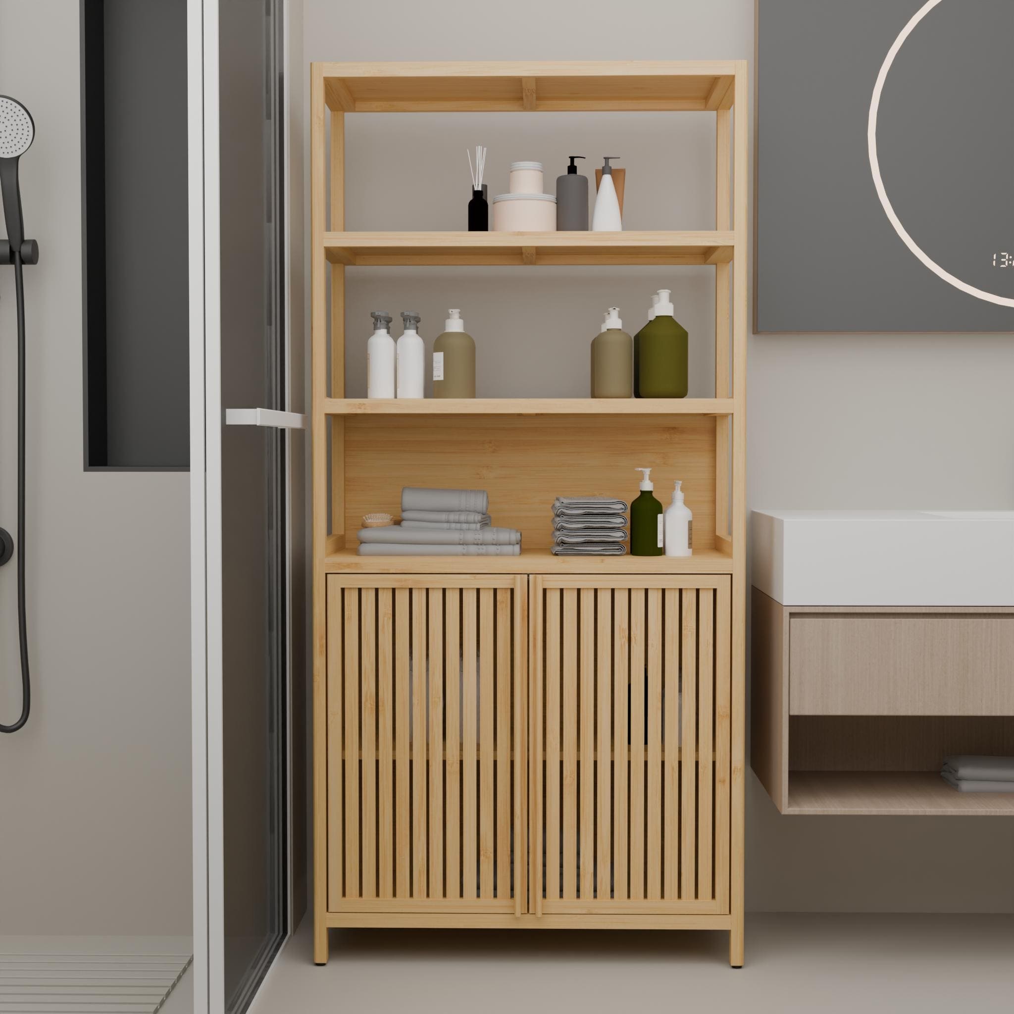 Gdfstudio Freestanding 64.77 Bamboo Linen Tower Organizer Storage Cabinet With Open Shelves And Double Doors