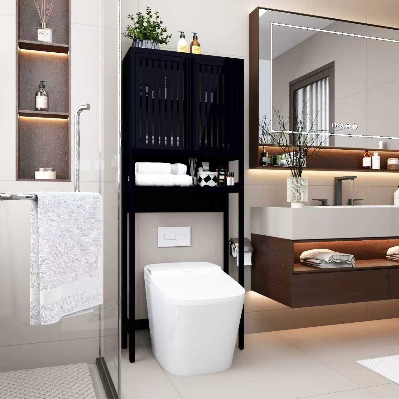 Gdfstudio Freestanding 64.8 Bamboo Over The Toilet Storage Cabinet With Double Doors Open Shelf For Versatile Home Use