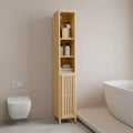 Gdfstudio Freestanding Slim 64.56 Tall Bamboo Linen Tower Storage Cabinet With Shelves And Door For Versatile Home Use