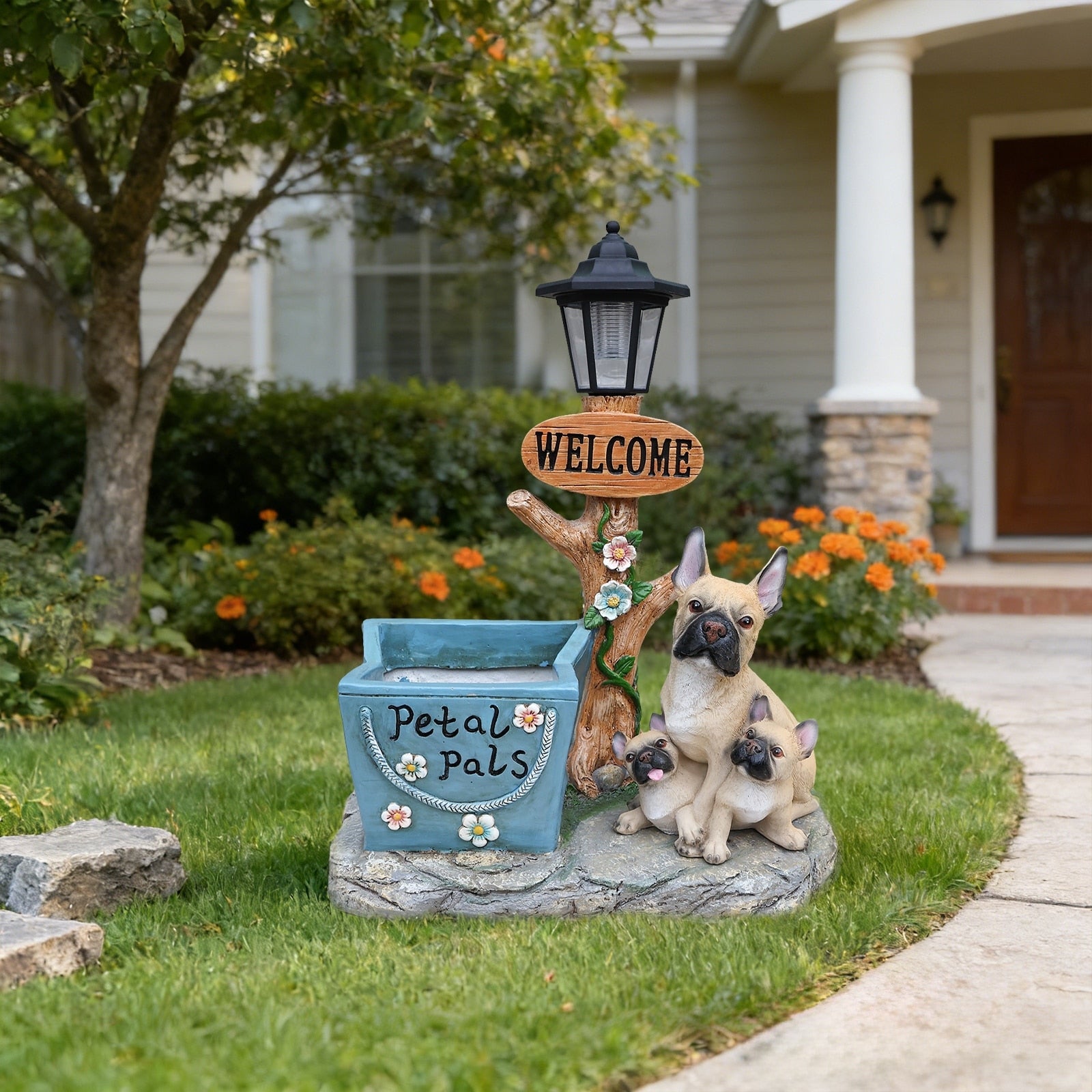 Gdfstudio French Bulldog Family Planter Statue Resin Outdoor Garden Decor For Patio Yard