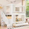 Gdfstudio Full Over Full Solid Wood Bunk Bed With Led Light Storage Stairs Drawers And Privacy Curtains