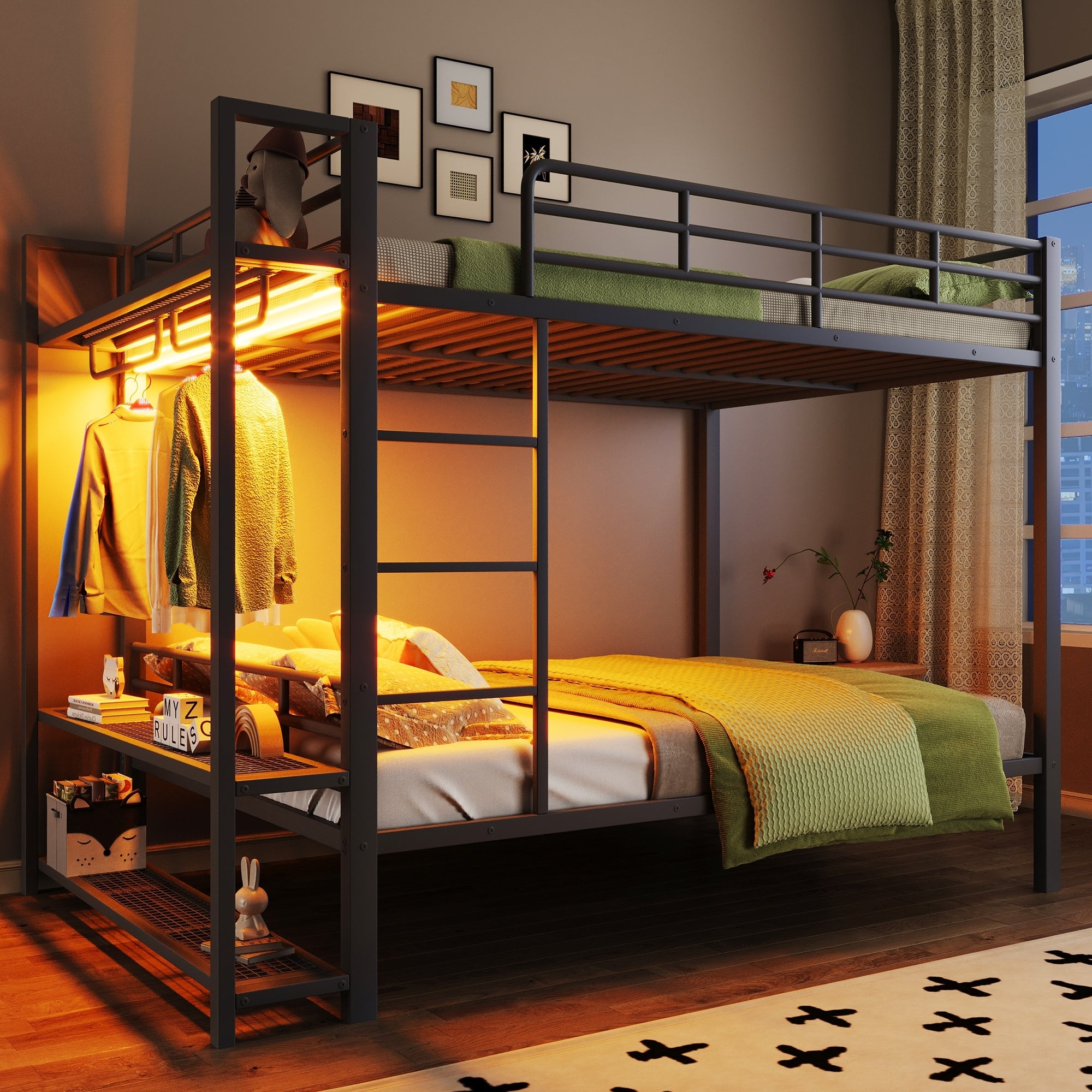 Gdfstudio Full Size Metal Bunk Bed With Led Storage Shelves Hooks