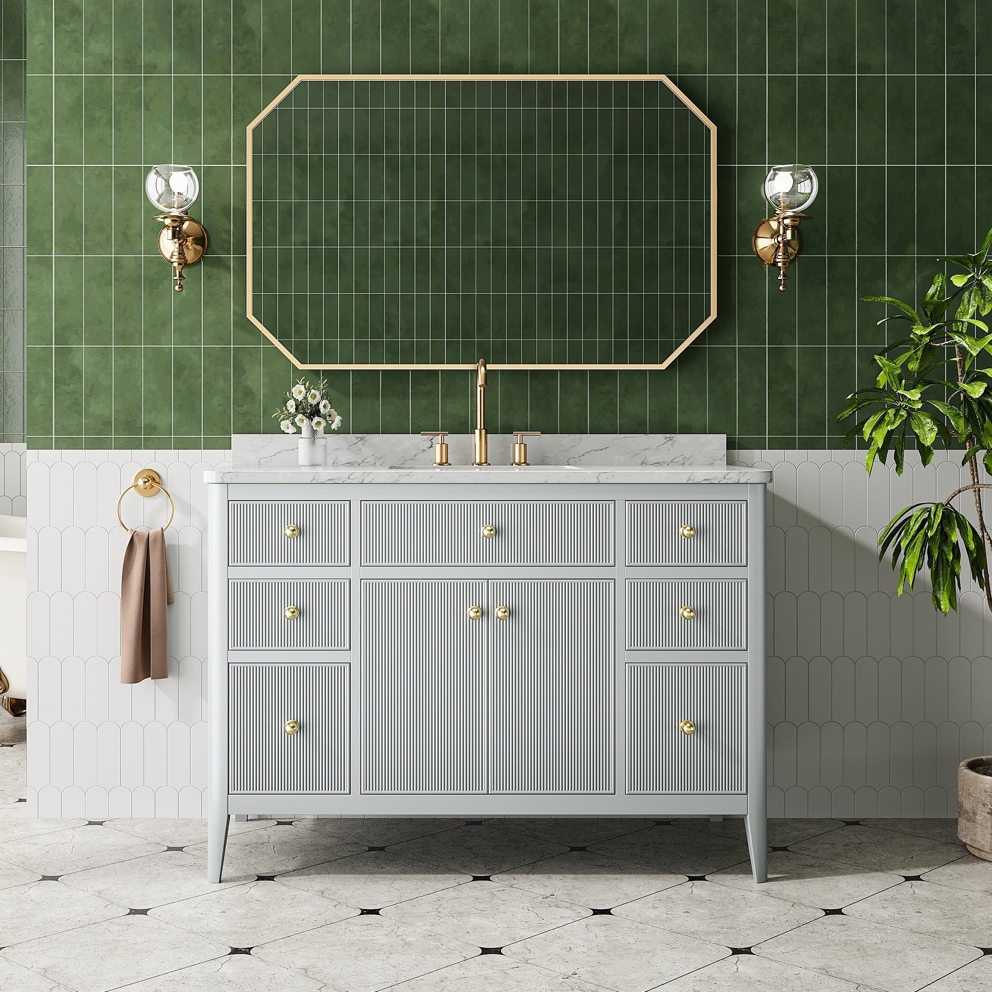 Gdfstudio Fully Assembled Freestanding Bathroom Vanity With Engineered Carrara Marble Top Ceramic Sink Soft Close Storages