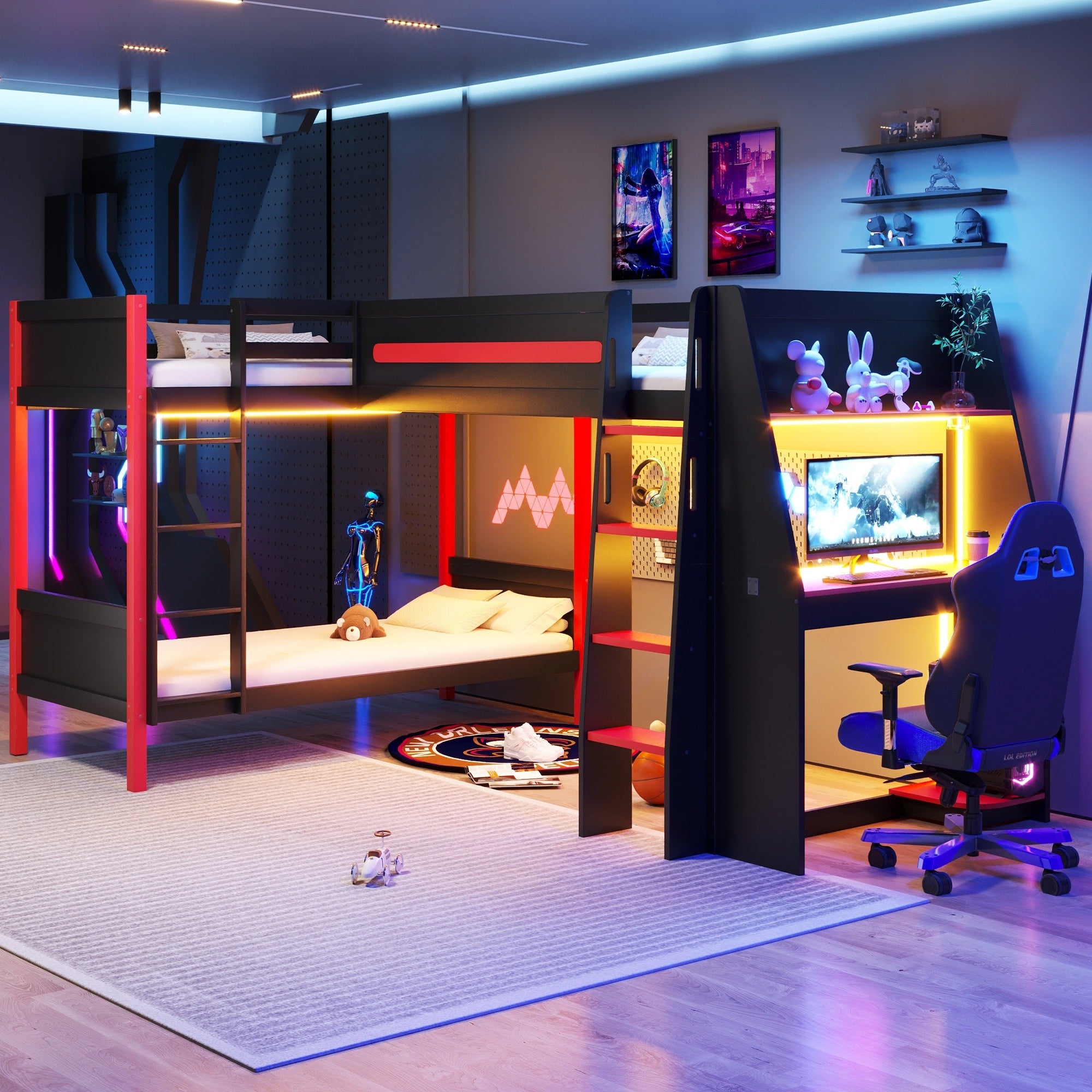 Gdfstudio Gameflex Modern Wooden L Shaped Twin Gaming Bunk Bed With Desk And Led
