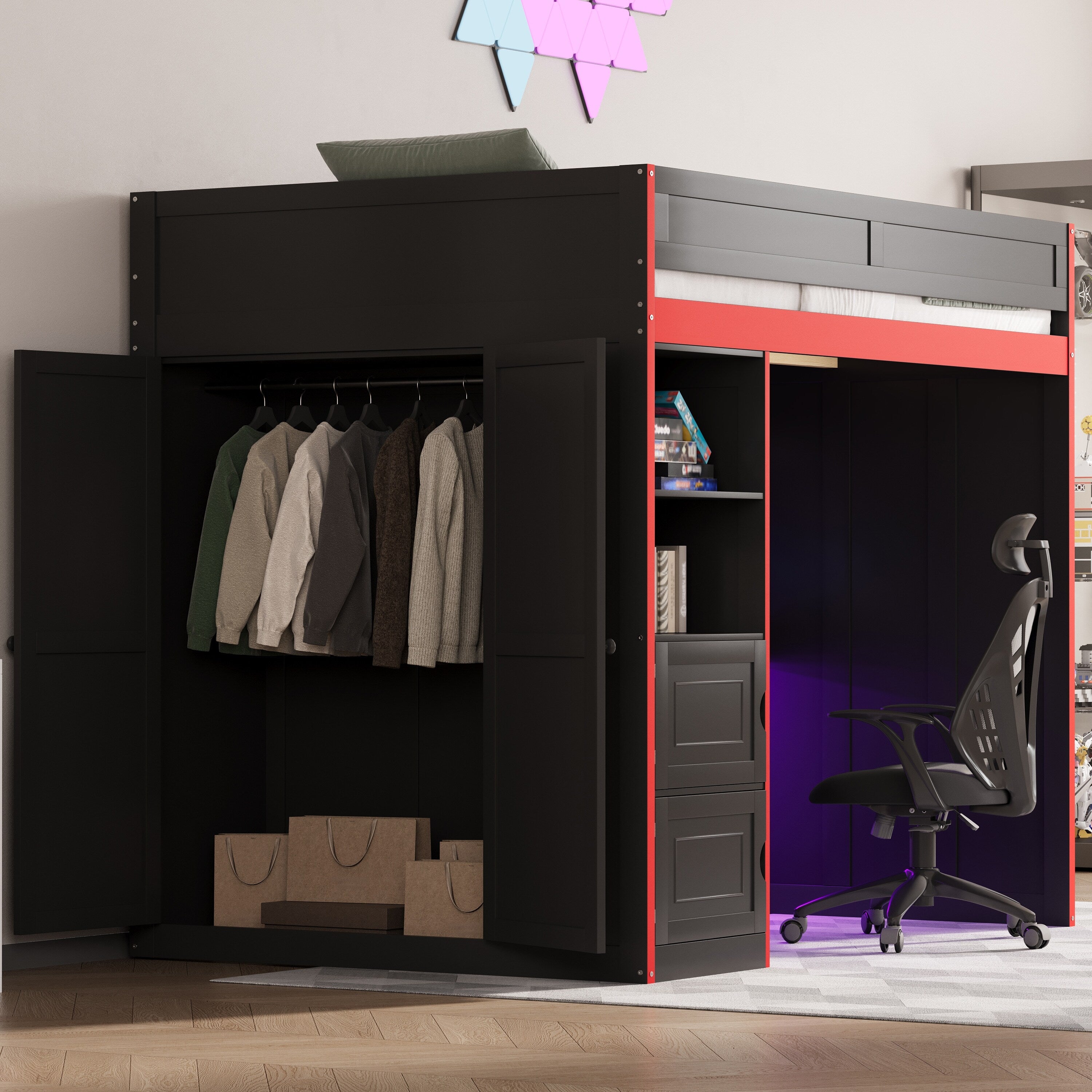 Gdfstudio Wooden Loft Bed With Led Desk Usb Ports And Dual Storage Drawers
