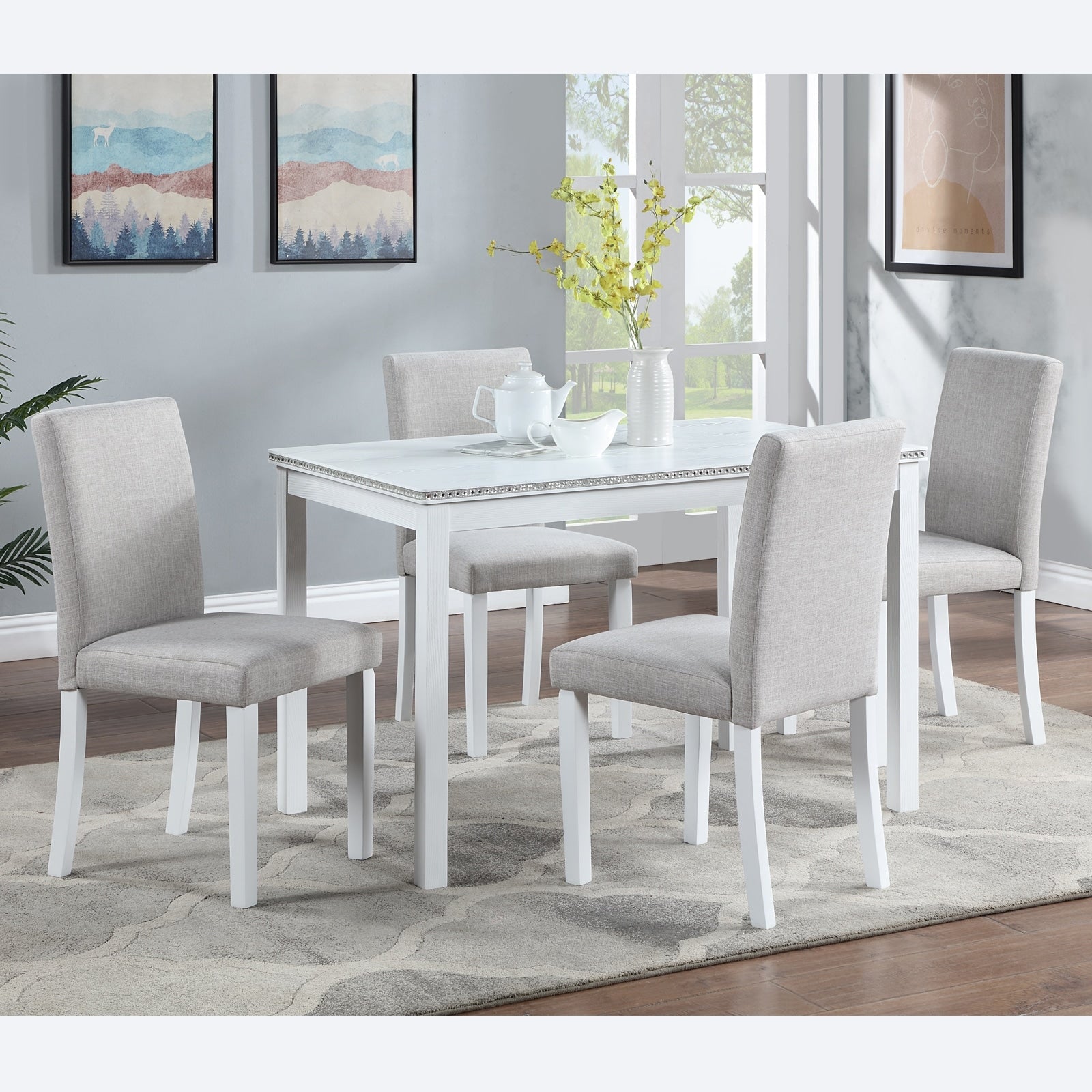 Gdfstudio Glenridge 5 Piece Classic Crystal Design Rectangular Dining Table Set With 4 Upholstered Chairs