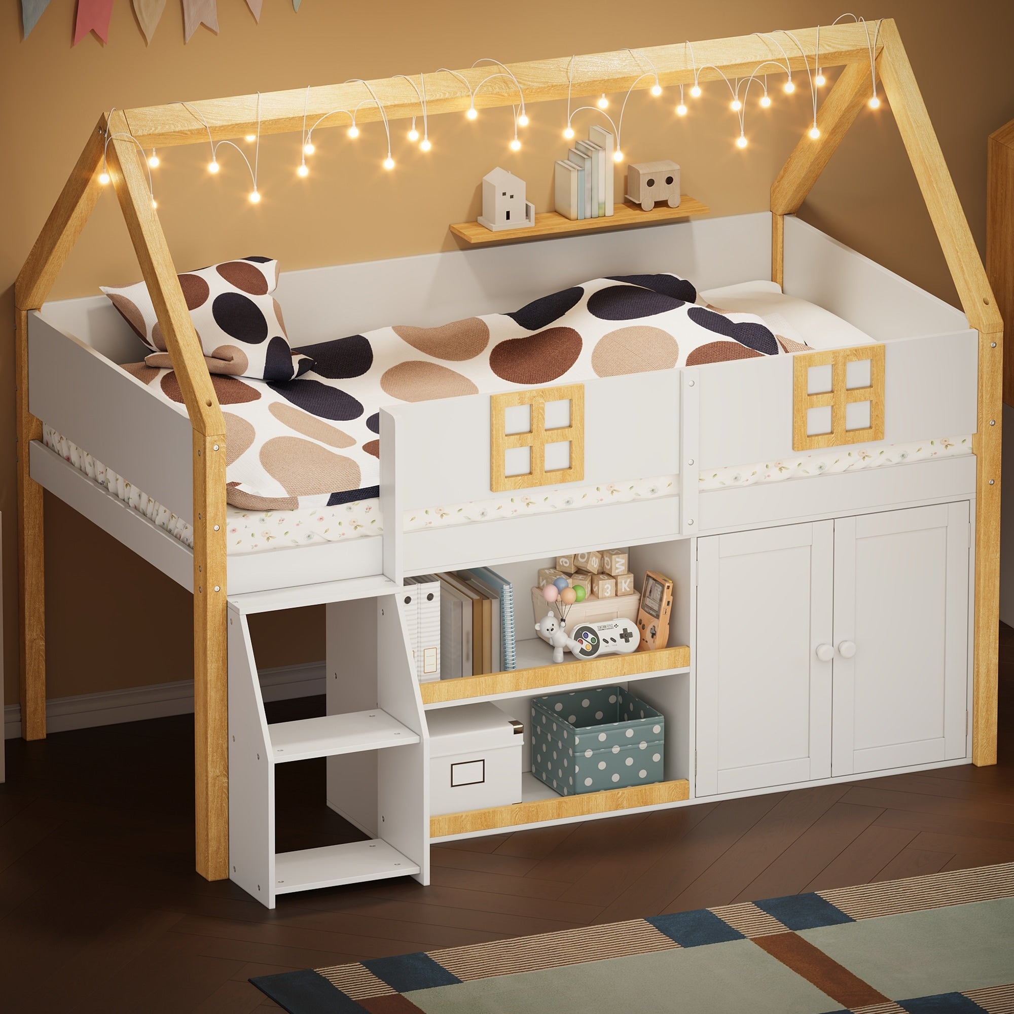 Gdfstudio Glowstep Wooden Low Loft Bed With Staircase Storage And Led Lights