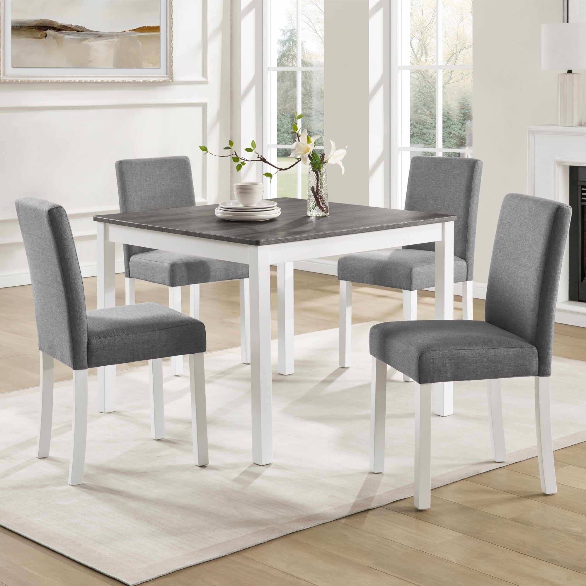 Gdfstudio Grey White Modern Solid Wood 5 Piece Square Dining Table Set With Upholstered Chairs And Space Saving Design