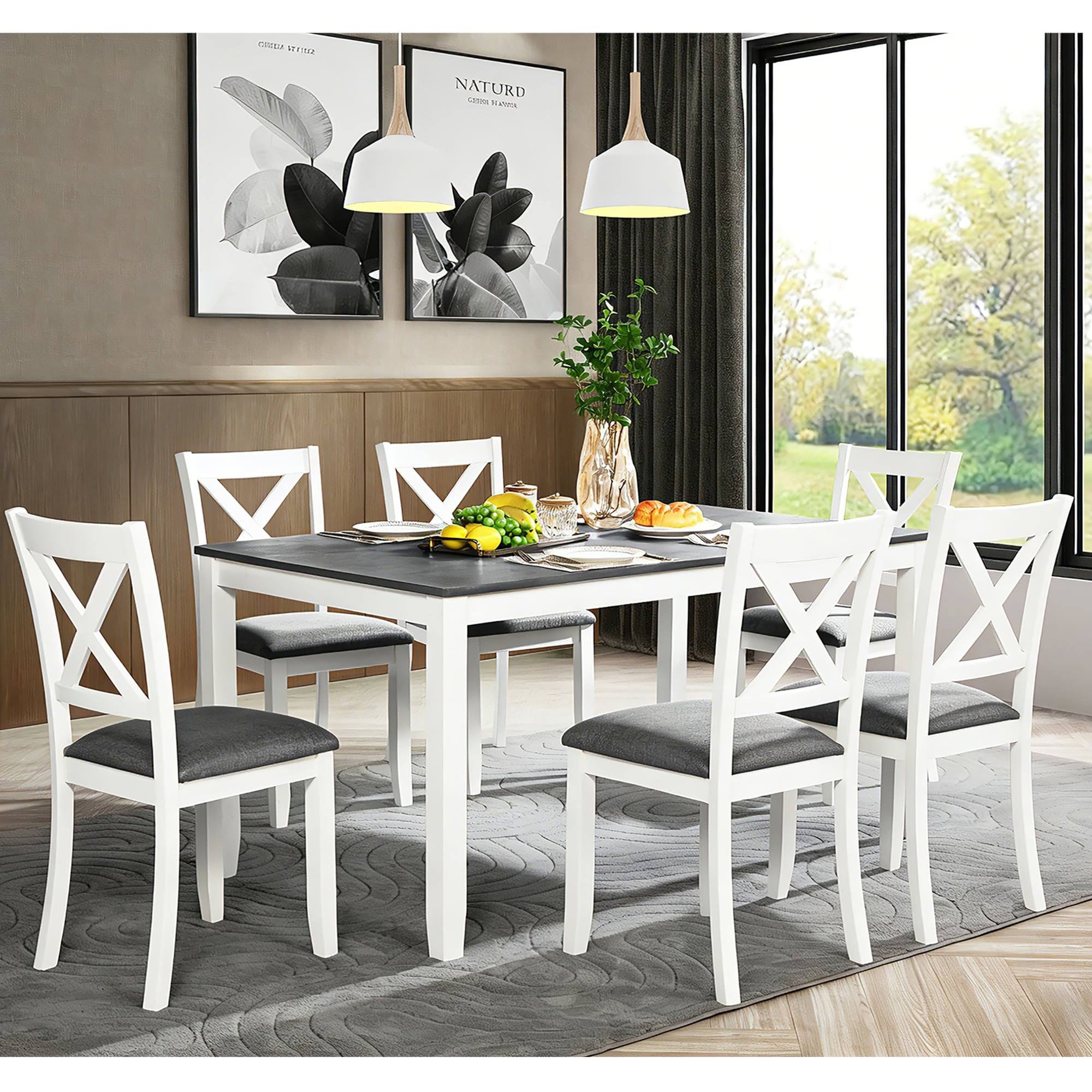 Gdfstudio Grey White Modern Solid Wood 7 Piece Dining Table Set With X Back Upholstered Chairs
