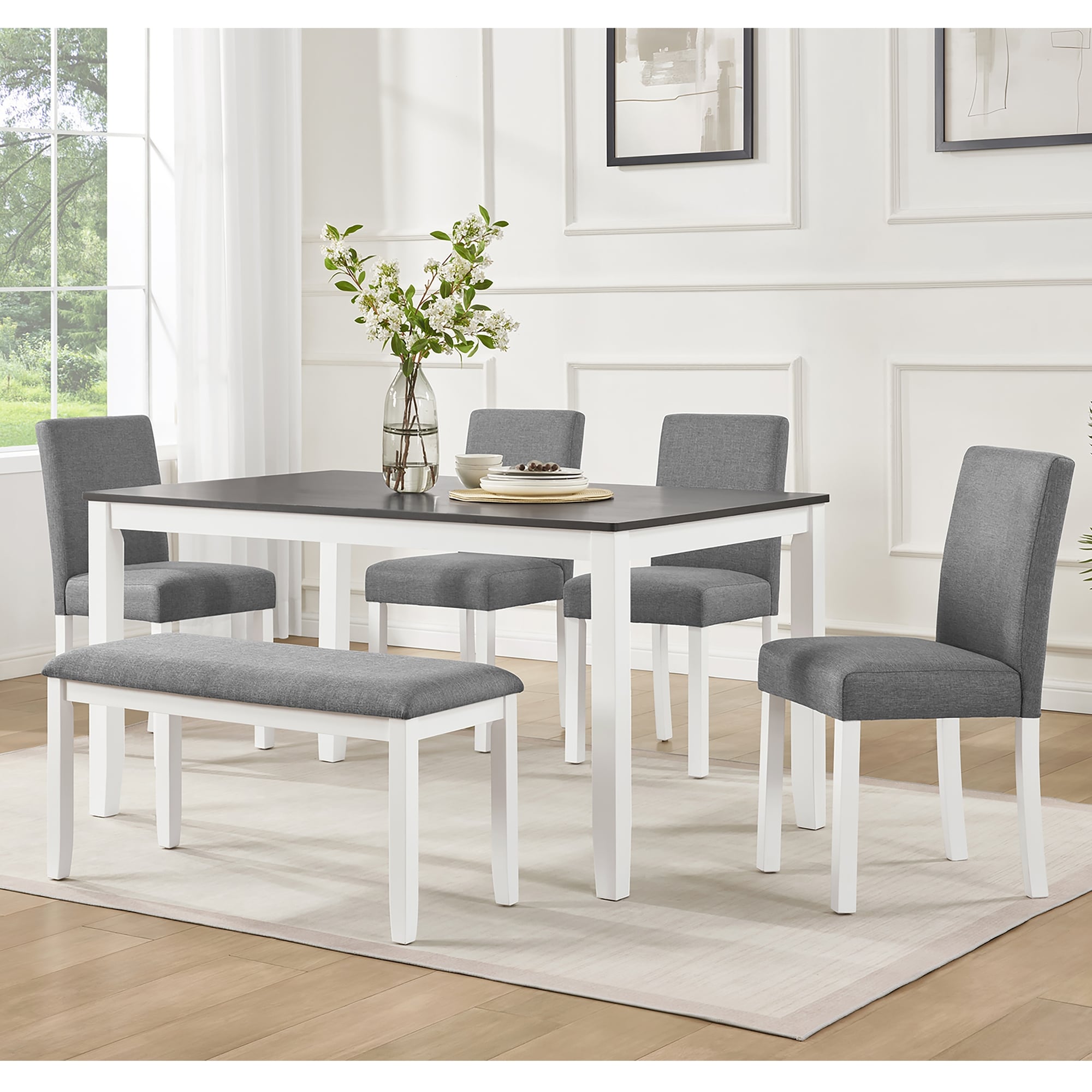 Gdfstudio Grey White Modern Wooden 6 Piece Dining Table Set With Bench And Upholstered Chairs