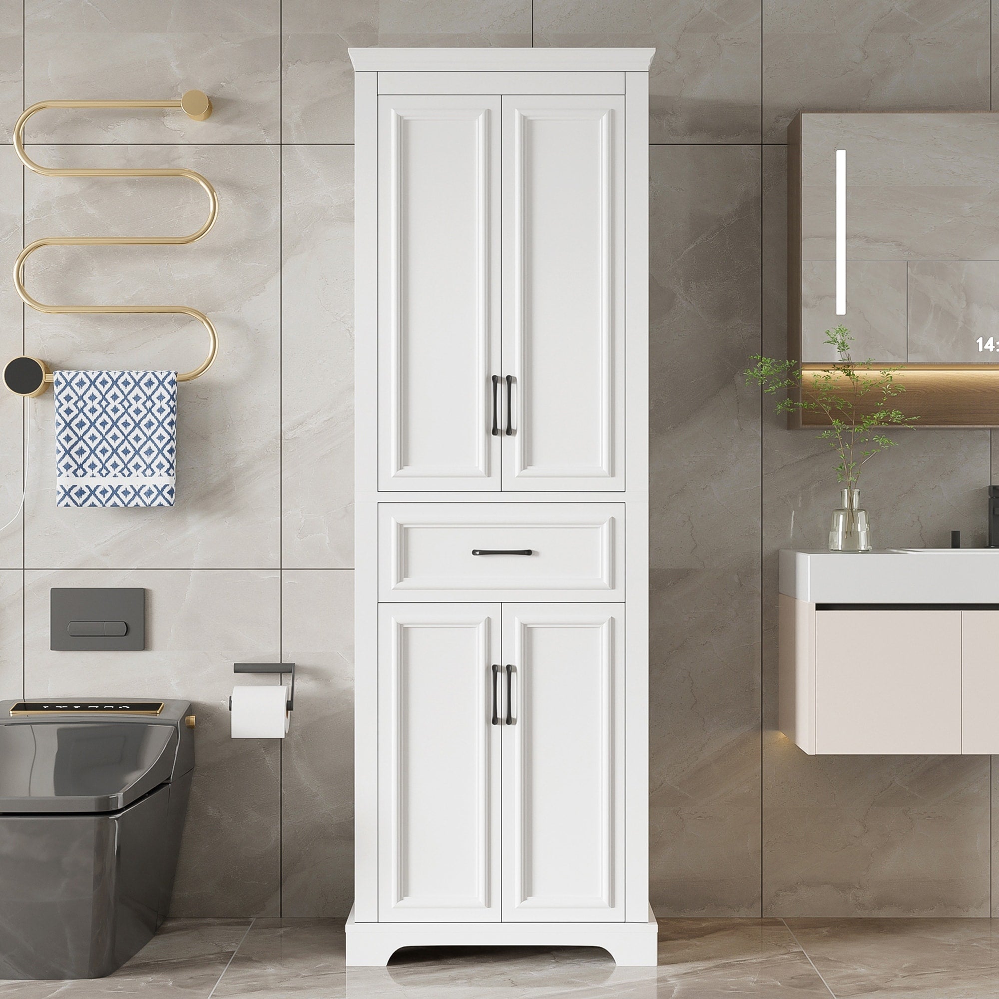 Gdfstudio Greystone 70.8 H Freestanding Bathroom Cabinet With Adjustable Shelves 4 Soft Close Doors Drawer