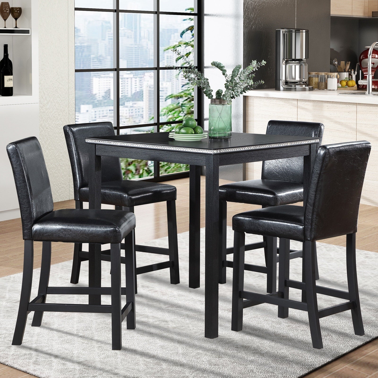 Gdfstudio Hamilton 5 Piece Classic Crystal Design Wooden Counter Height Dining Table Set With 4 Upholstered Chairs