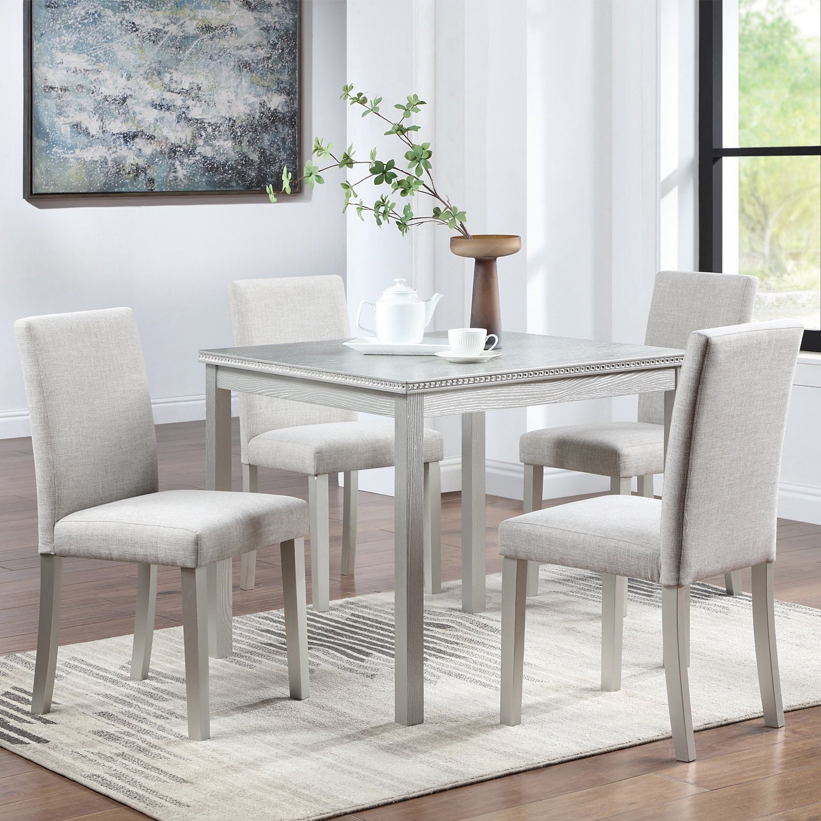 Gdfstudio Hamilton 5 Piece Classic Crystal Tabletop Square Wooden Dining Table Set With 4 Upholstered Dining Chairs