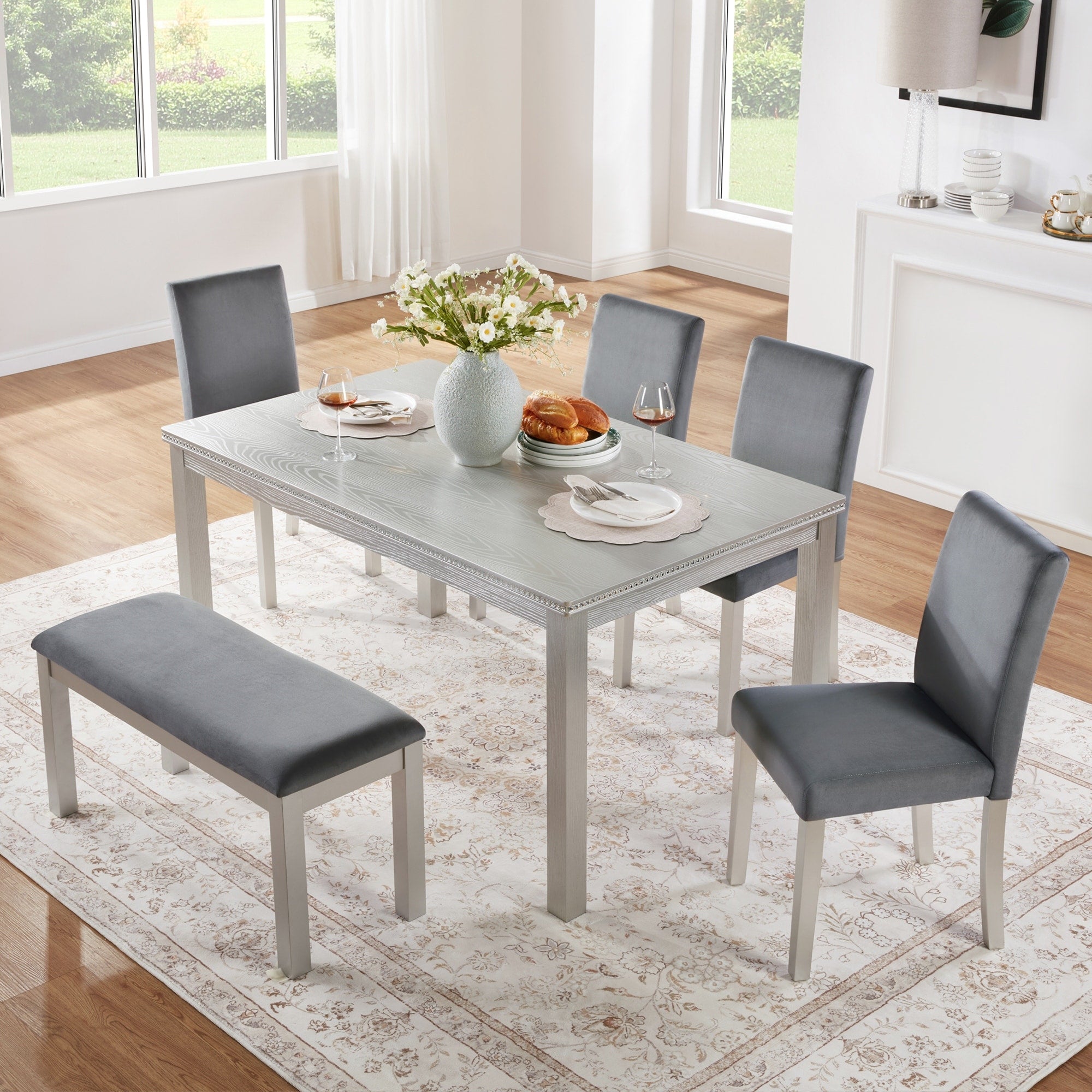 Gdfstudio Hamilton 6 Piece Classic Rectangular Crystal Wooden Dining Table Set With 4 Upholstered Chairs And 1 Bench