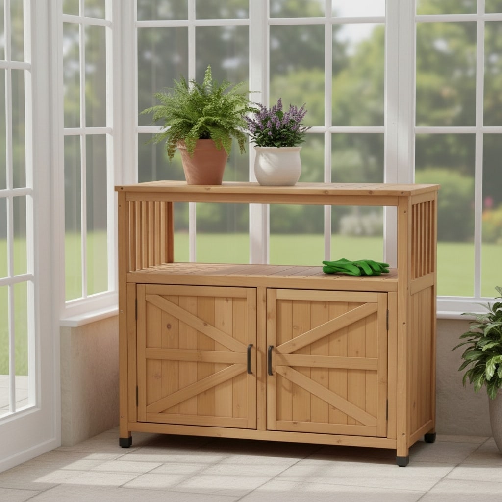 Gdfstudio Harbor Outdoor Solid Fir Wood Storage Bar Table With Slatted Design