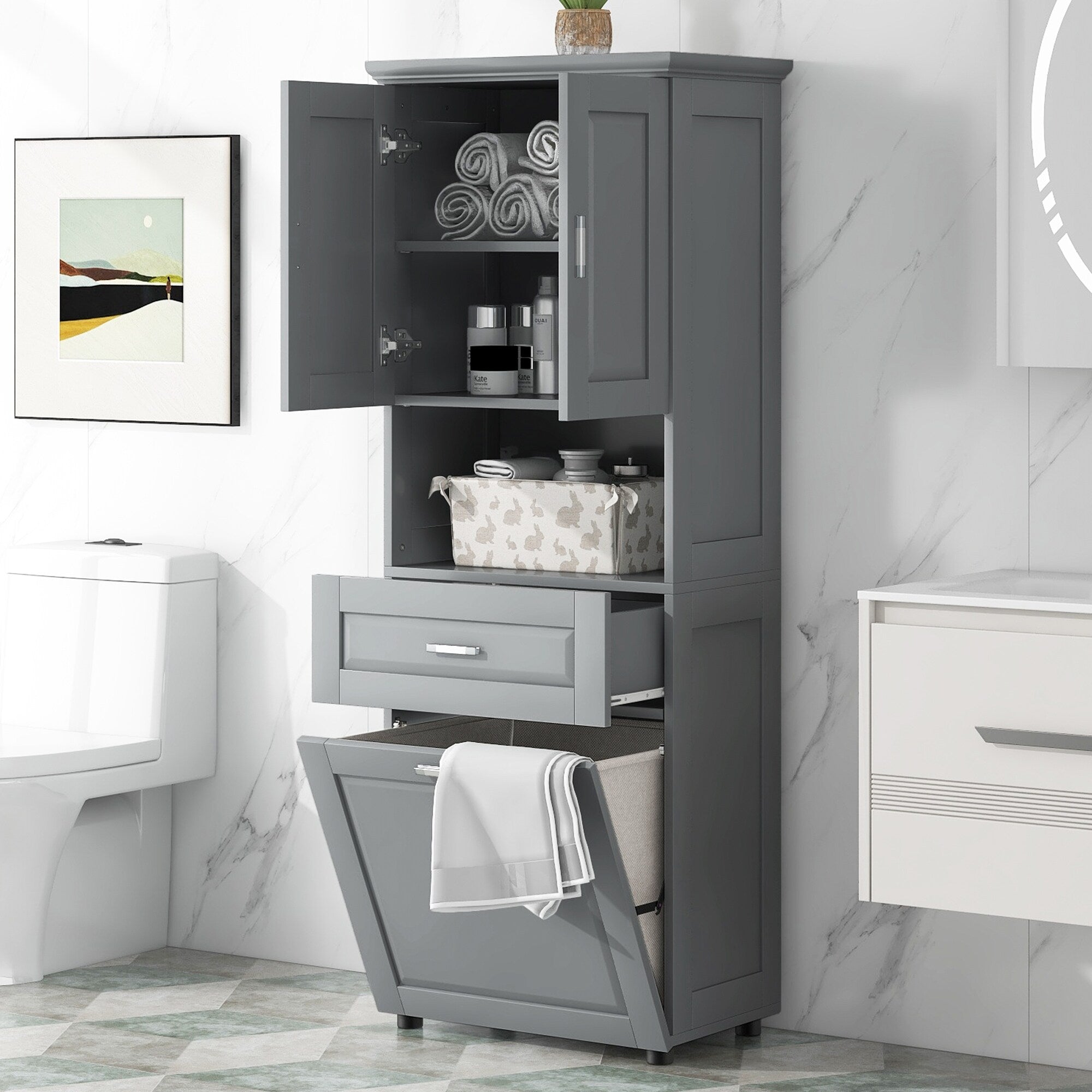 Gdfstudio Harper Elms Tall Bathroom Storage Cabinet With Tilt Out Laundry Hamper And Upper Organizer