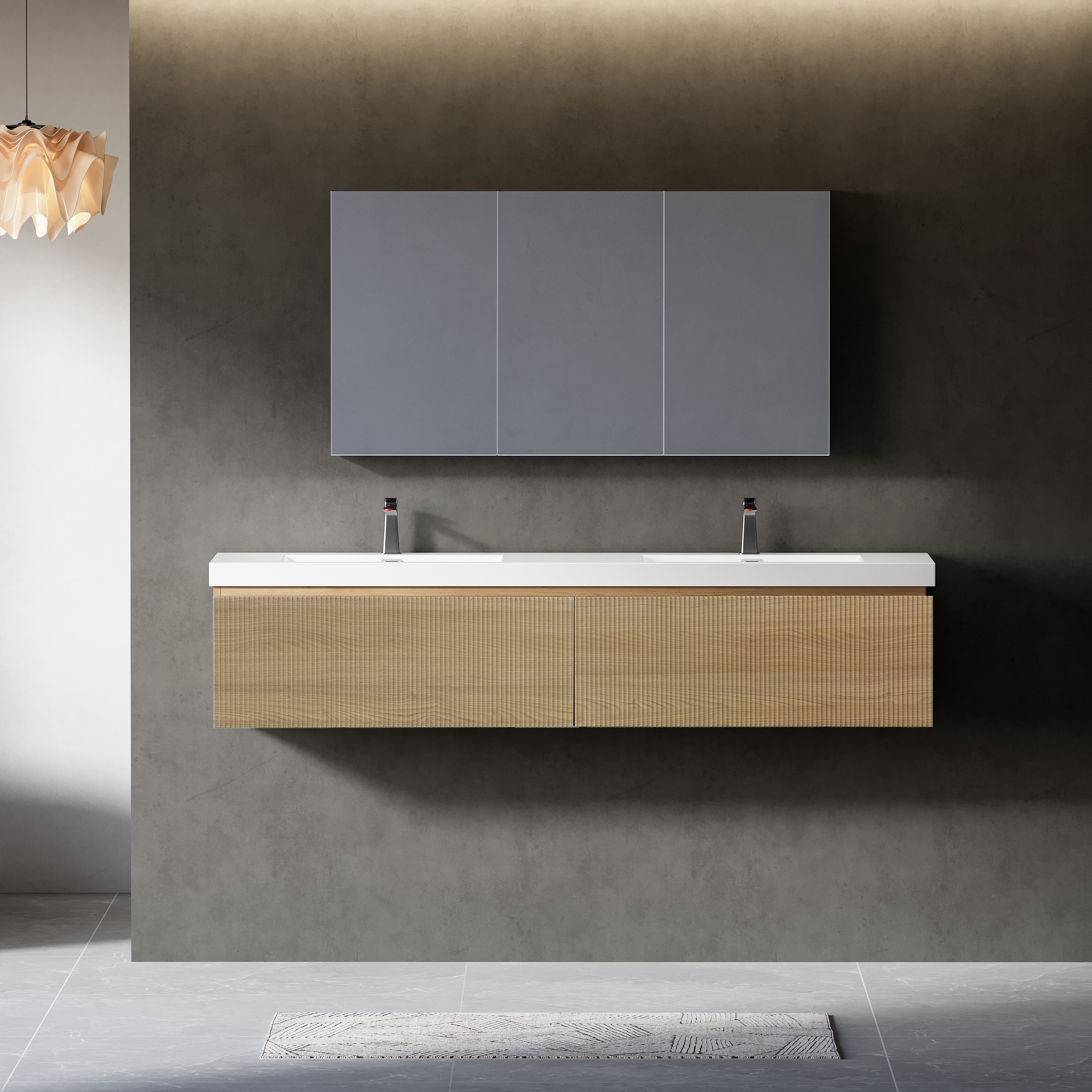 Gdfstudio Harrison 72 Inch Floating Double Bathroom Vanity With Solid Surface Basins And Fluted Storage Drawers