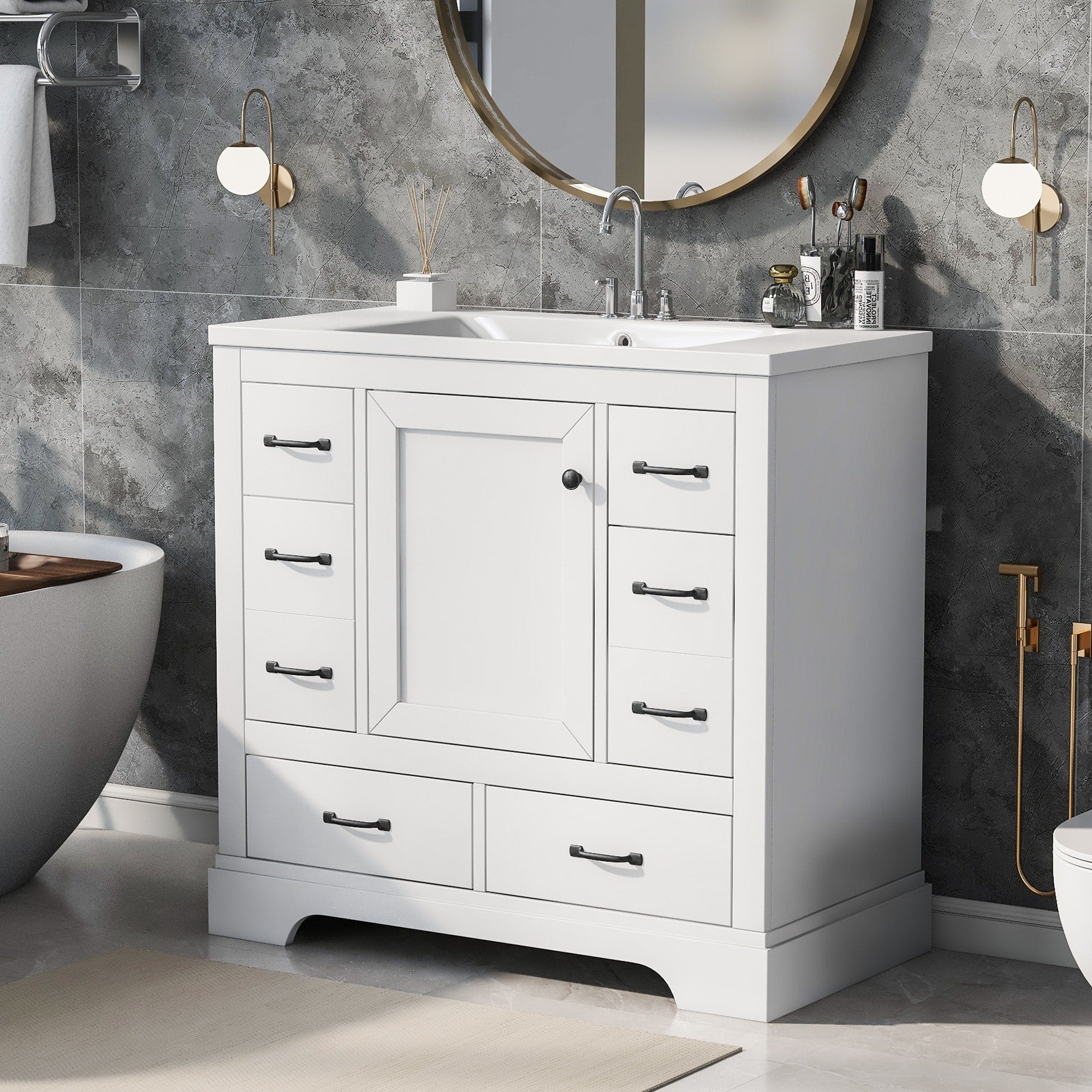 Gdfstudio Hawthorne Freestanding 36 Bathroom Vanity With Ceramic Sink Adjustable Shelf 6 Drawers