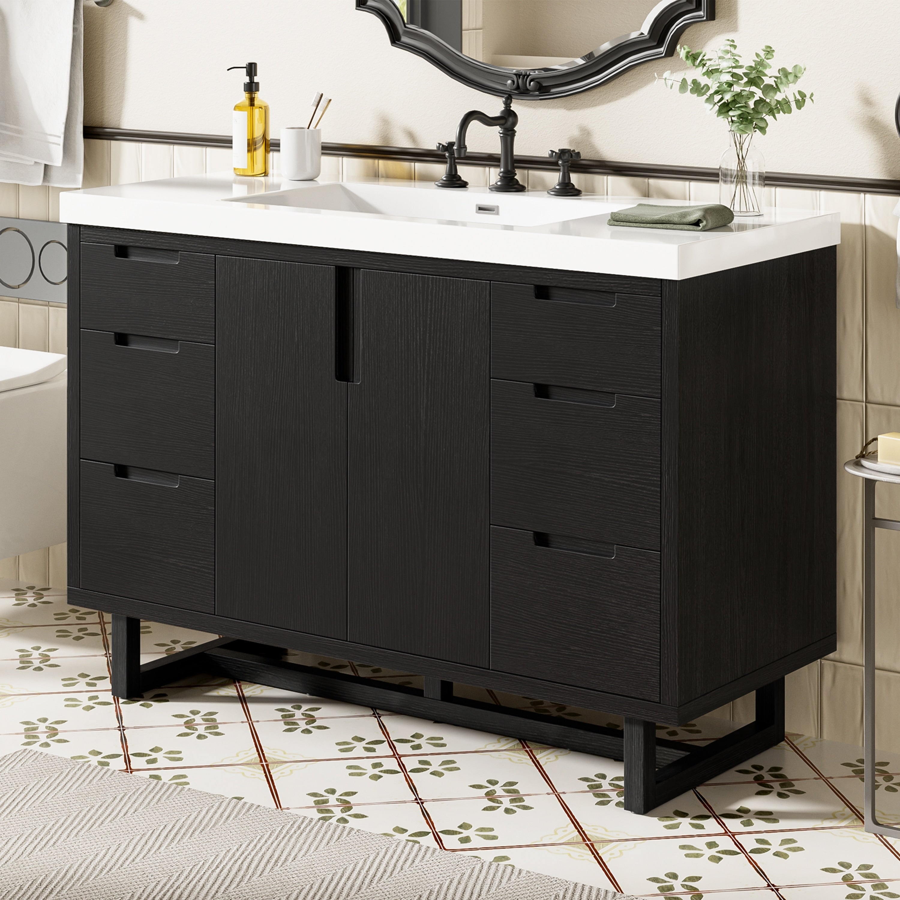 Gdfstudio Hawthorne Freestanding 47.2 Bathroom Vanity With Integrated Basin Adjustable U Shaped Shelf Soft Close Drawers