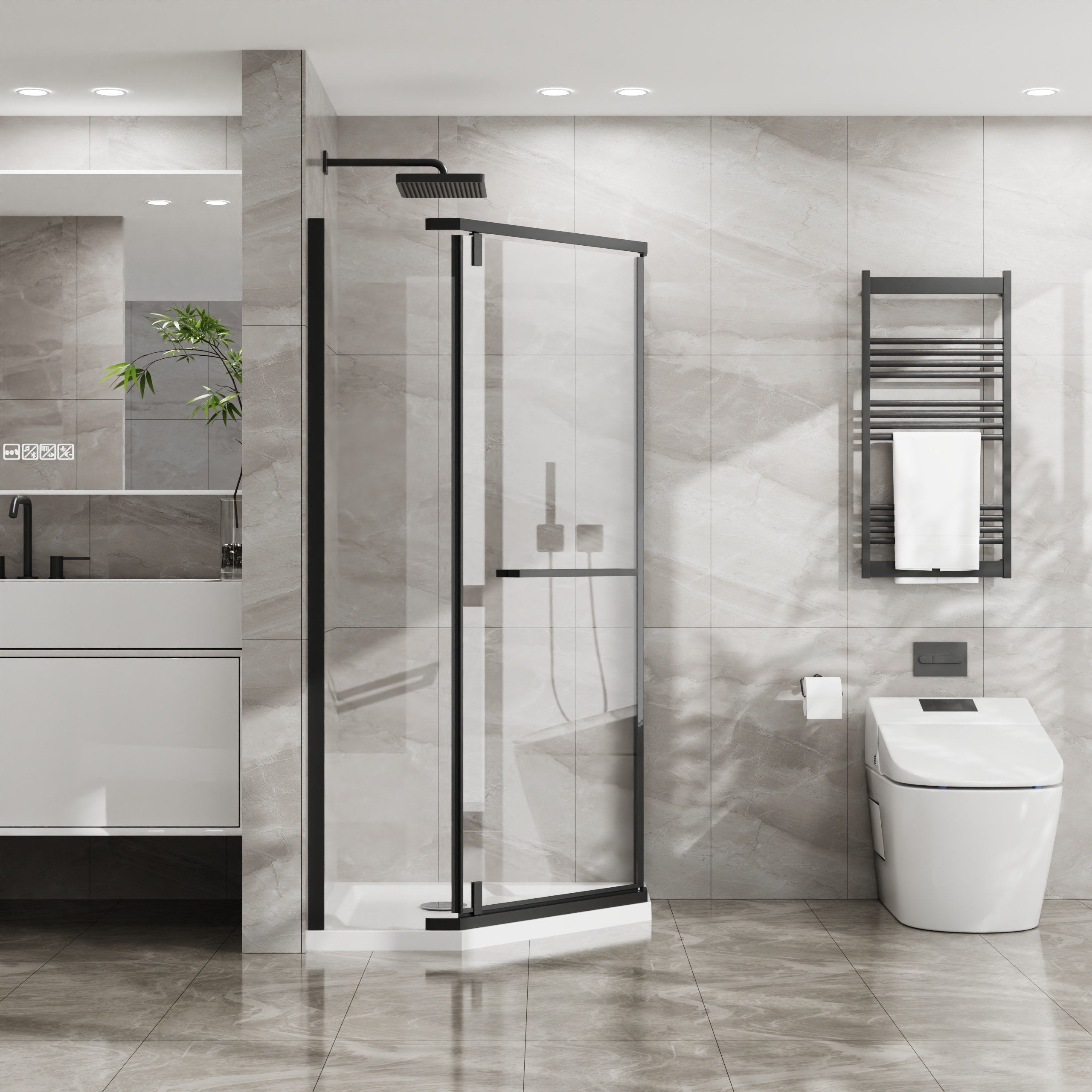 Gdfstudio Hayden Modern Neo Angle Frameless Corner Shower Door With Pivot Entry And Leak Resistant Design
