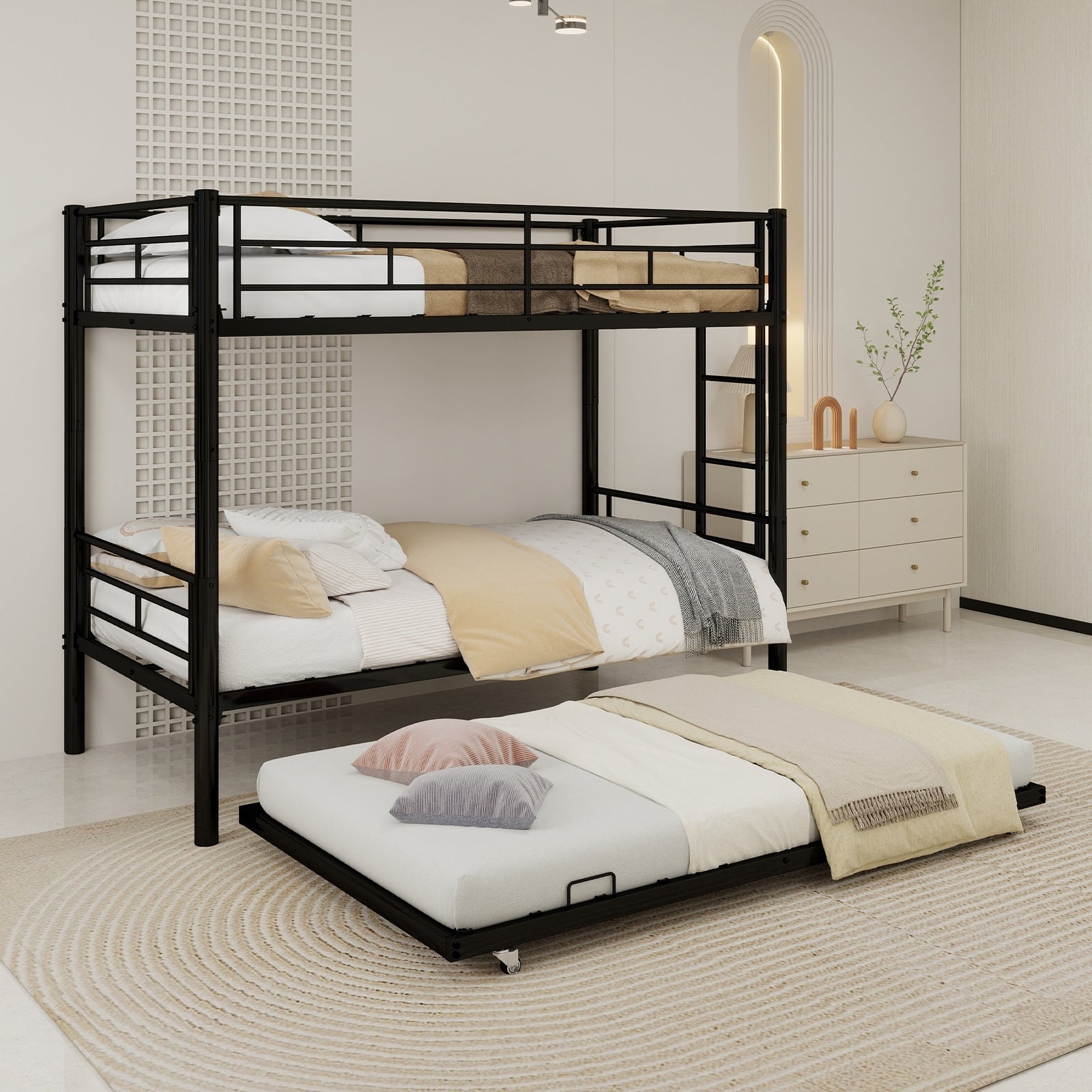 Gdfstudio Heavy Duty Metal Twin Over Twin Bunk Bed With Guardrail