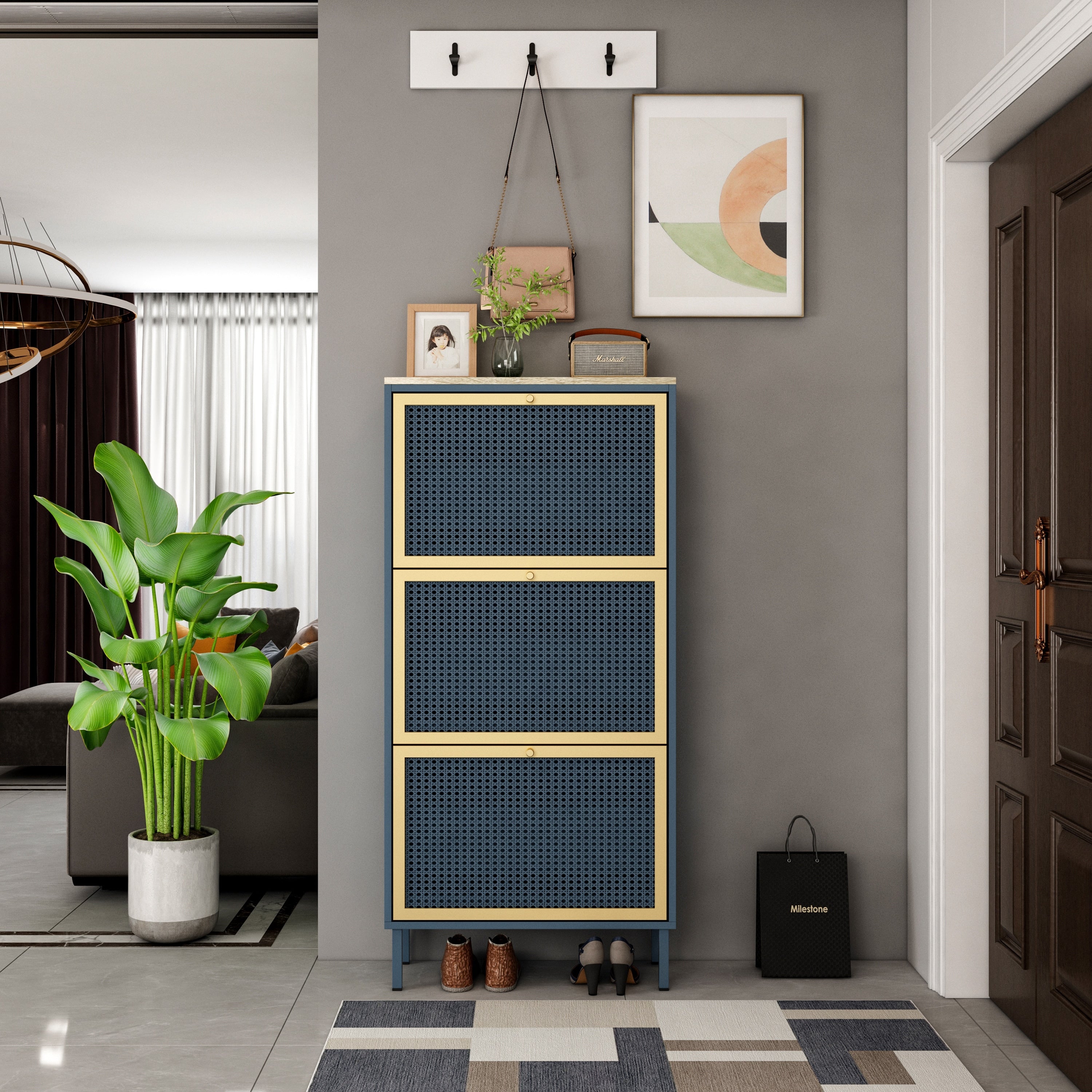 Gdfstudio Honeycomb Metal Rattan Modern Shoe Storage Cabinet With 3 Doors