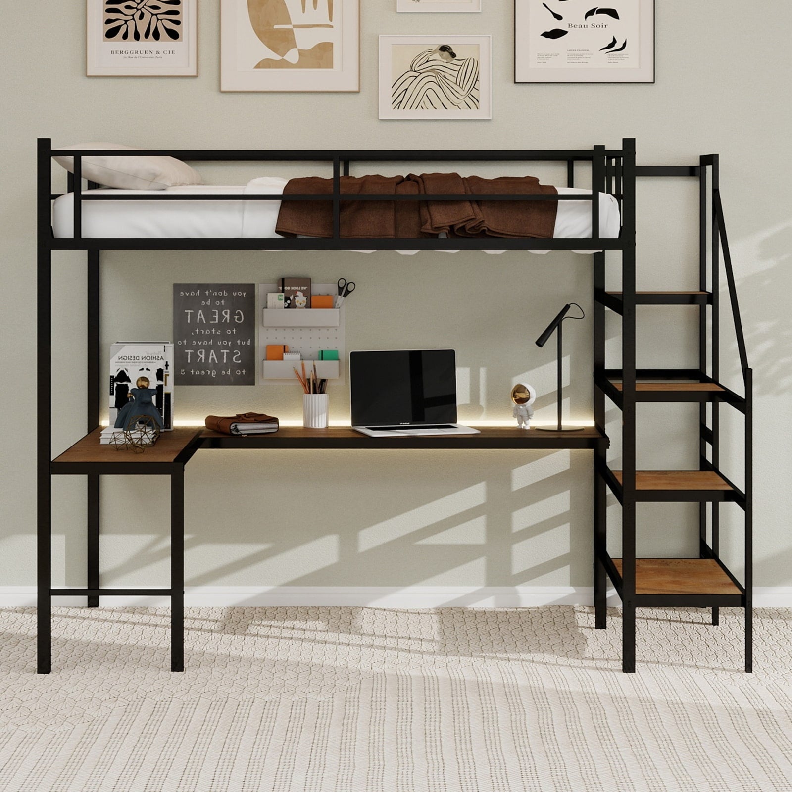 Gdfstudio Iron Loft Bed With L Shaped Desk Storage Stairs