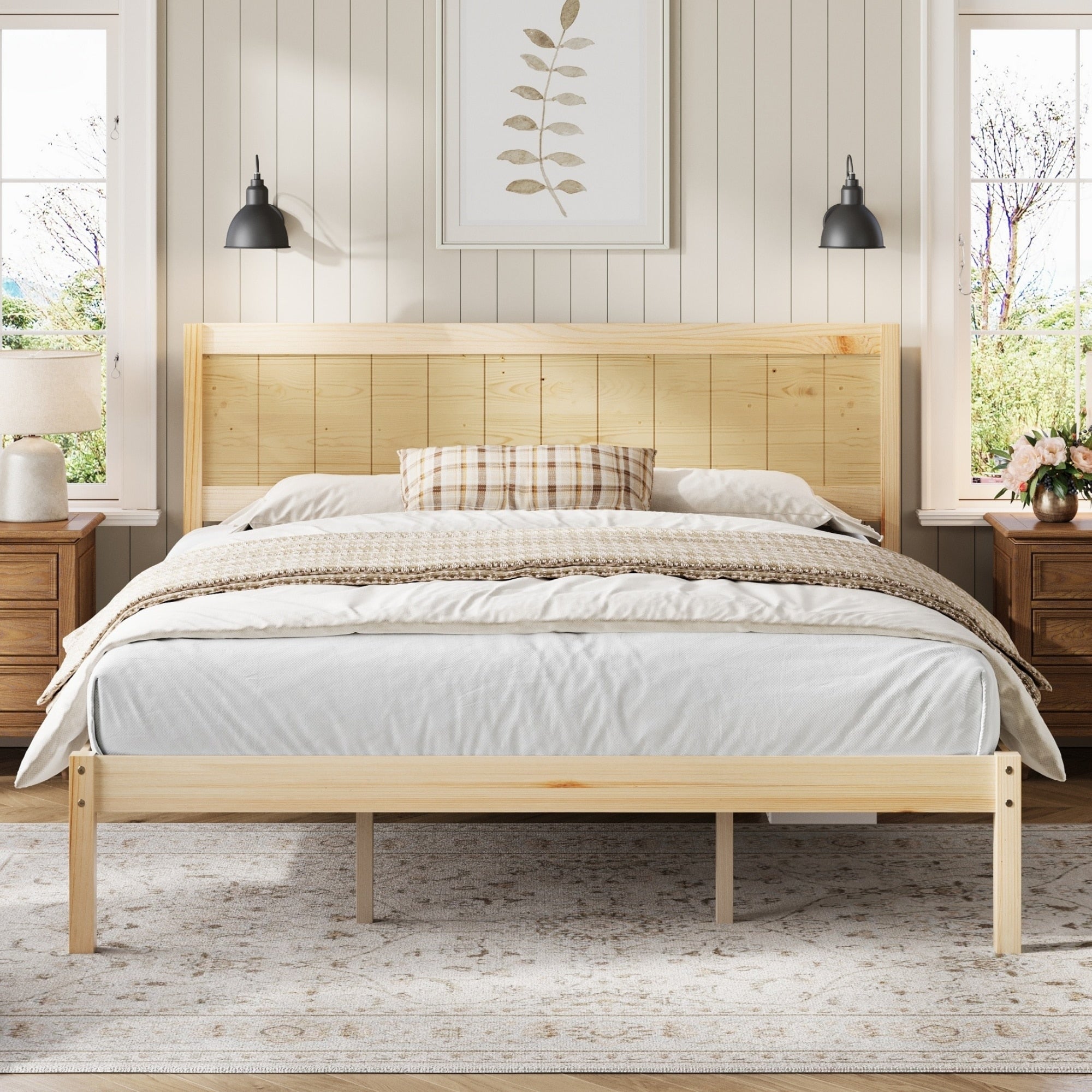 Gdfstudio King Size Pine Wood Platform Bed Frame With Headboard Wood Slat Support