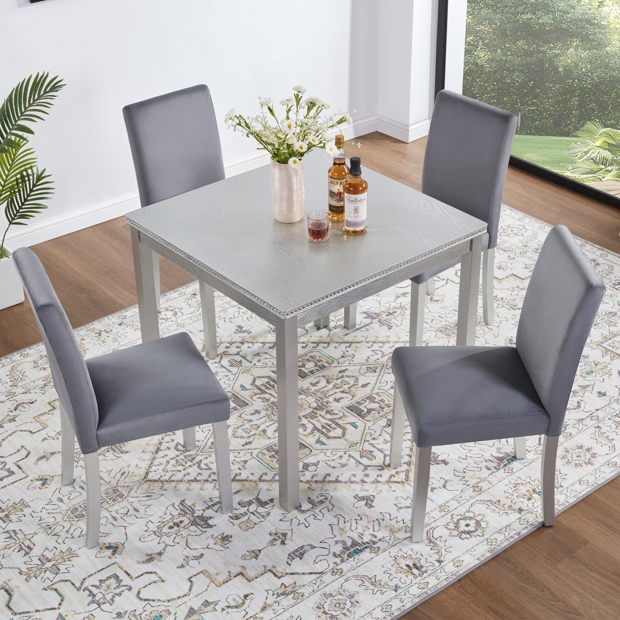 Gdfstudio Kingsley 5 Piece Classic Crystal Design Square Wooden Dining Table Set With 4 Upholstered Chairs