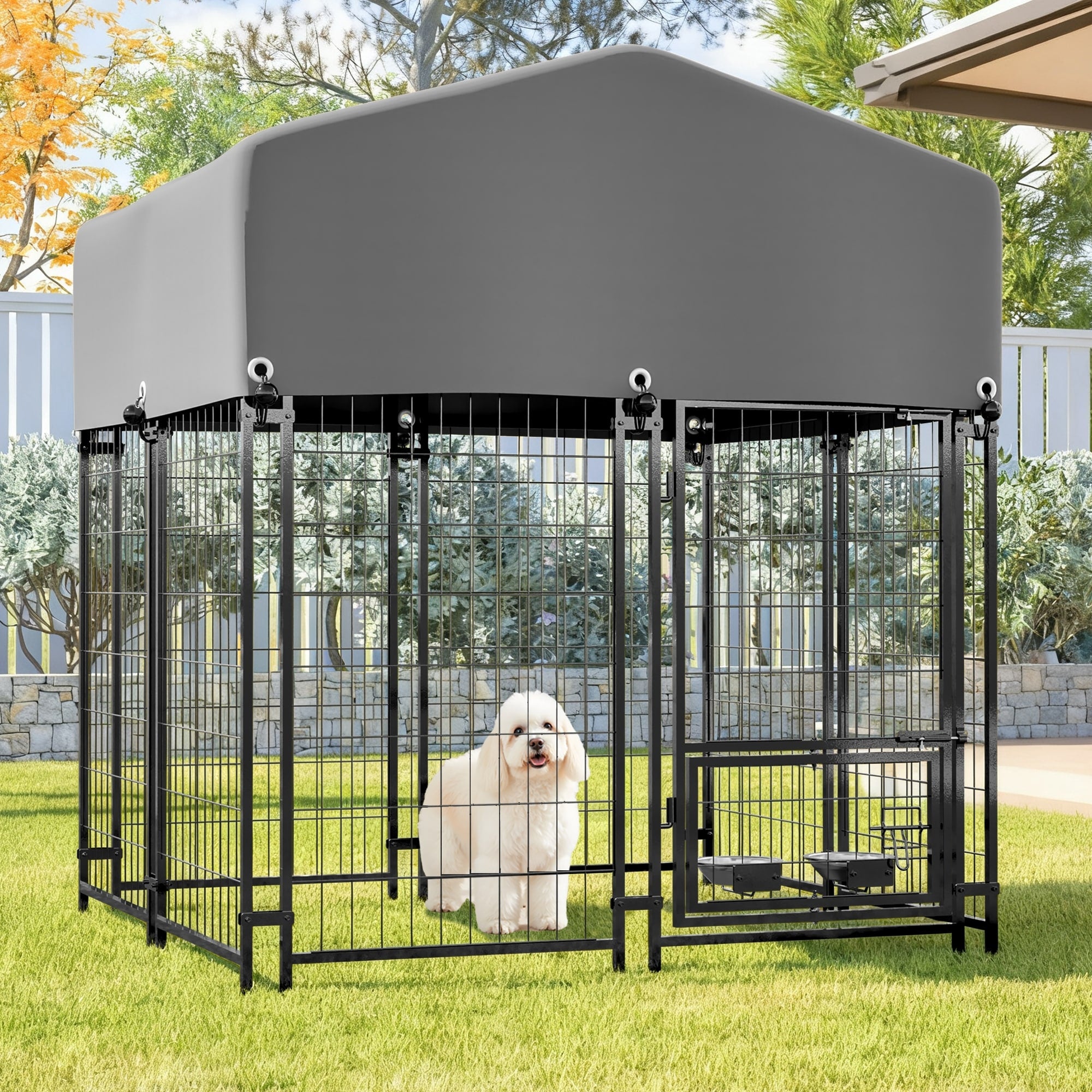 Gdfstudio Large Outdoor Heavy Duty Metal Dog Kennel With Roof Uv Resistant Waterproof Cover Double Lock Rotating Feeder
