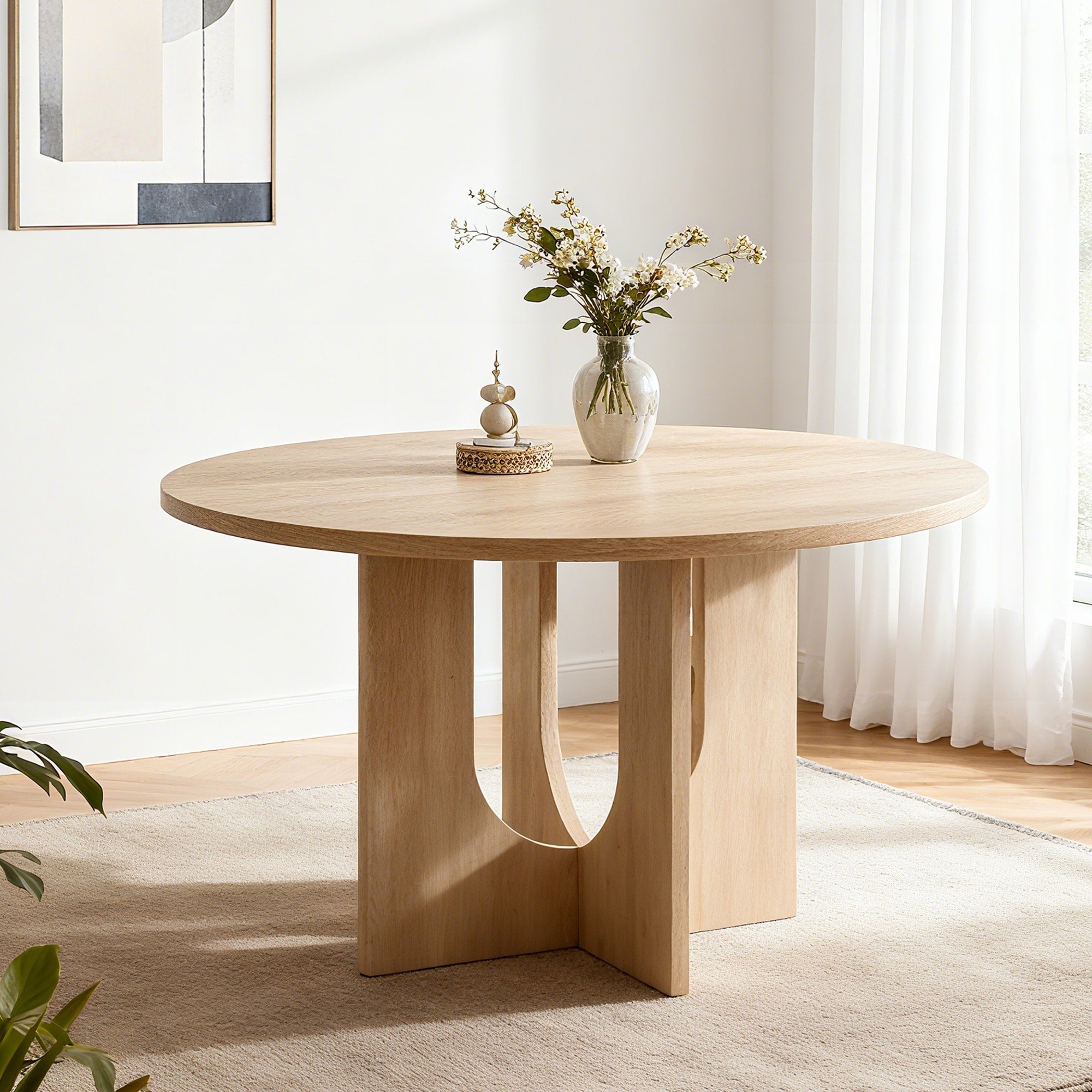 Gdfstudio Light Oak 47.3 Inch Farmhouse Round Dining Table With Trestle Base And Wood Grain Top