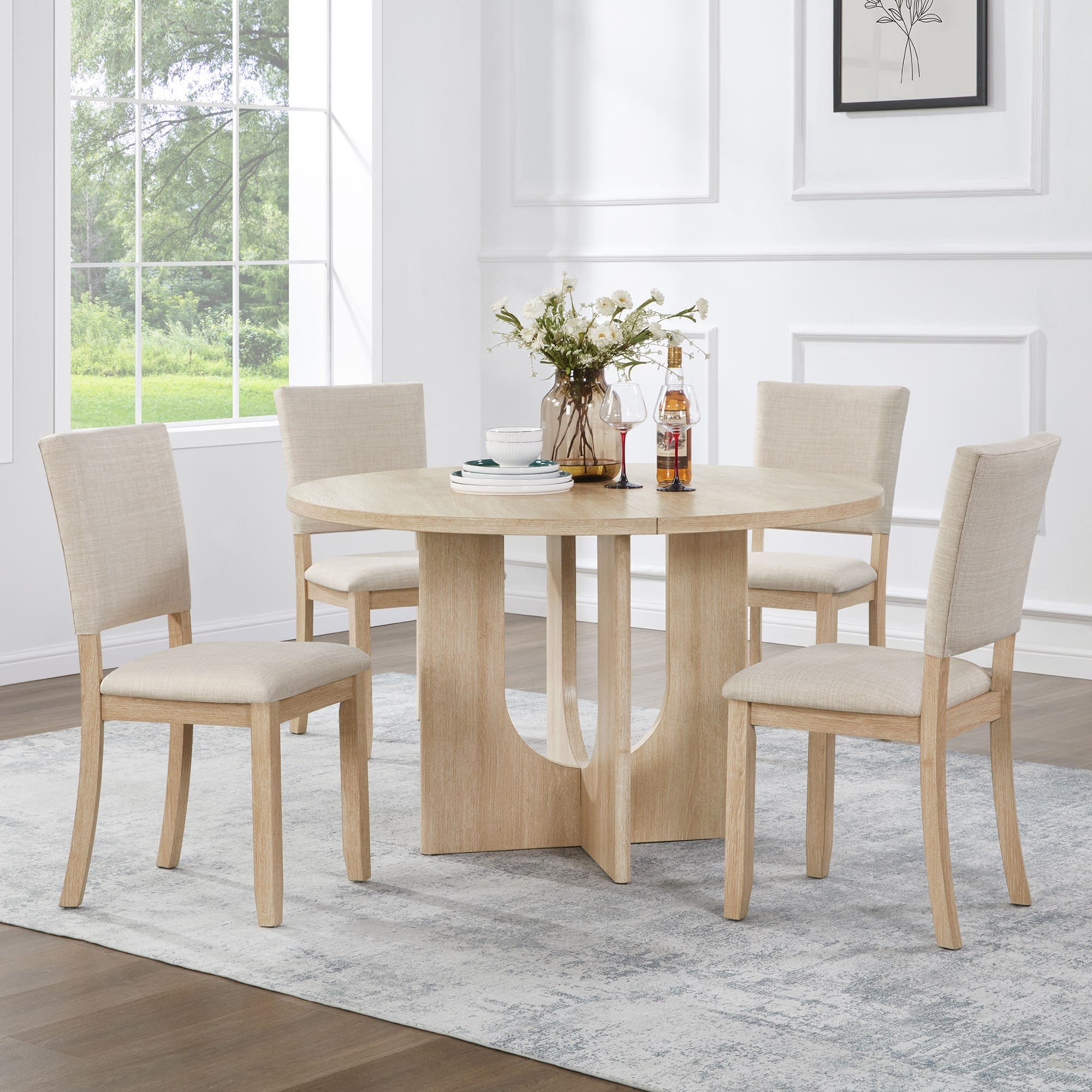 Gdfstudio Light Oak Modern 5 Piece Round Dining Table Set With Upholstered Chairs With Beige Fabric Seating