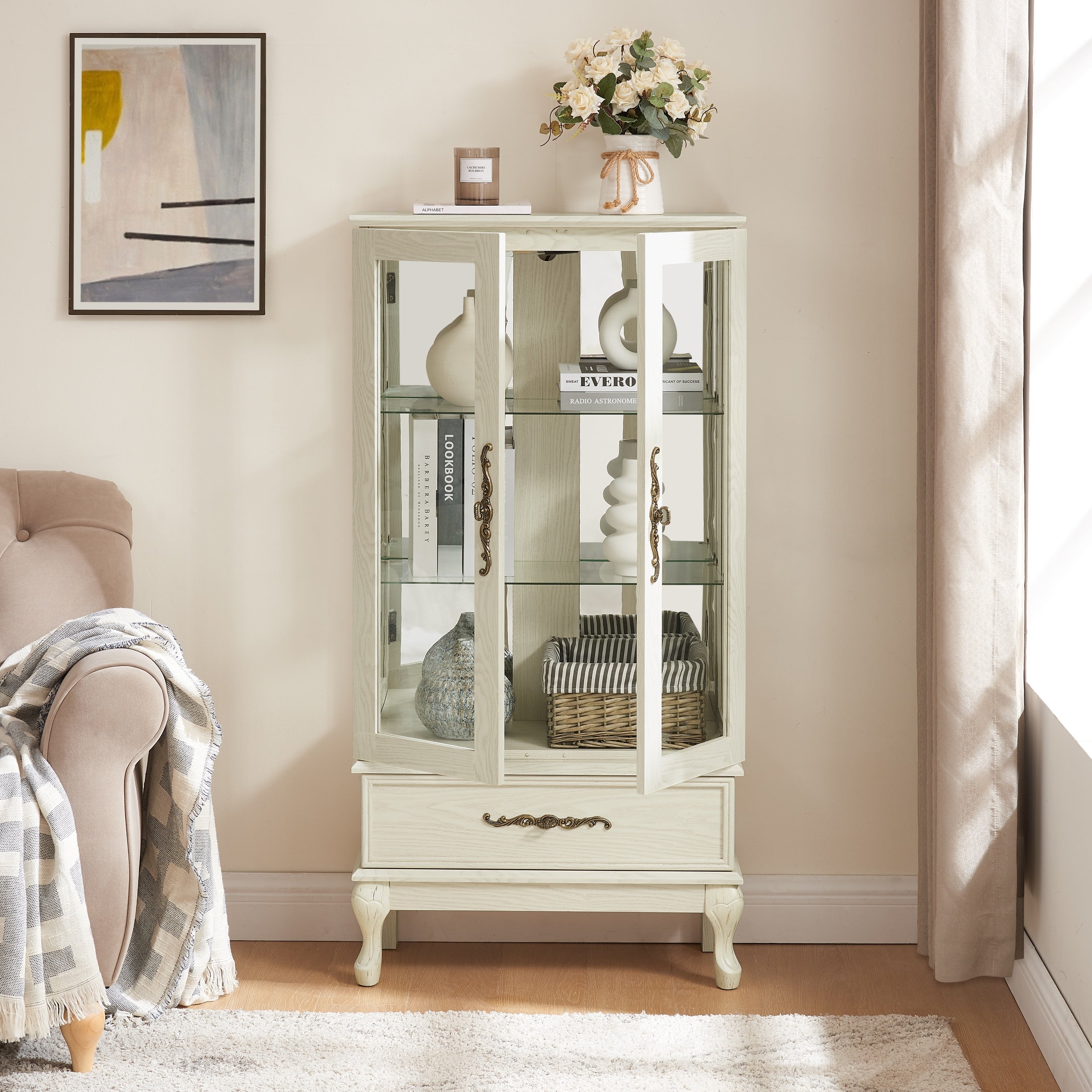 Gdfstudio Louvre Traditional Storage Curio Display Cabinet With Lighted Glass Doors And Drawer