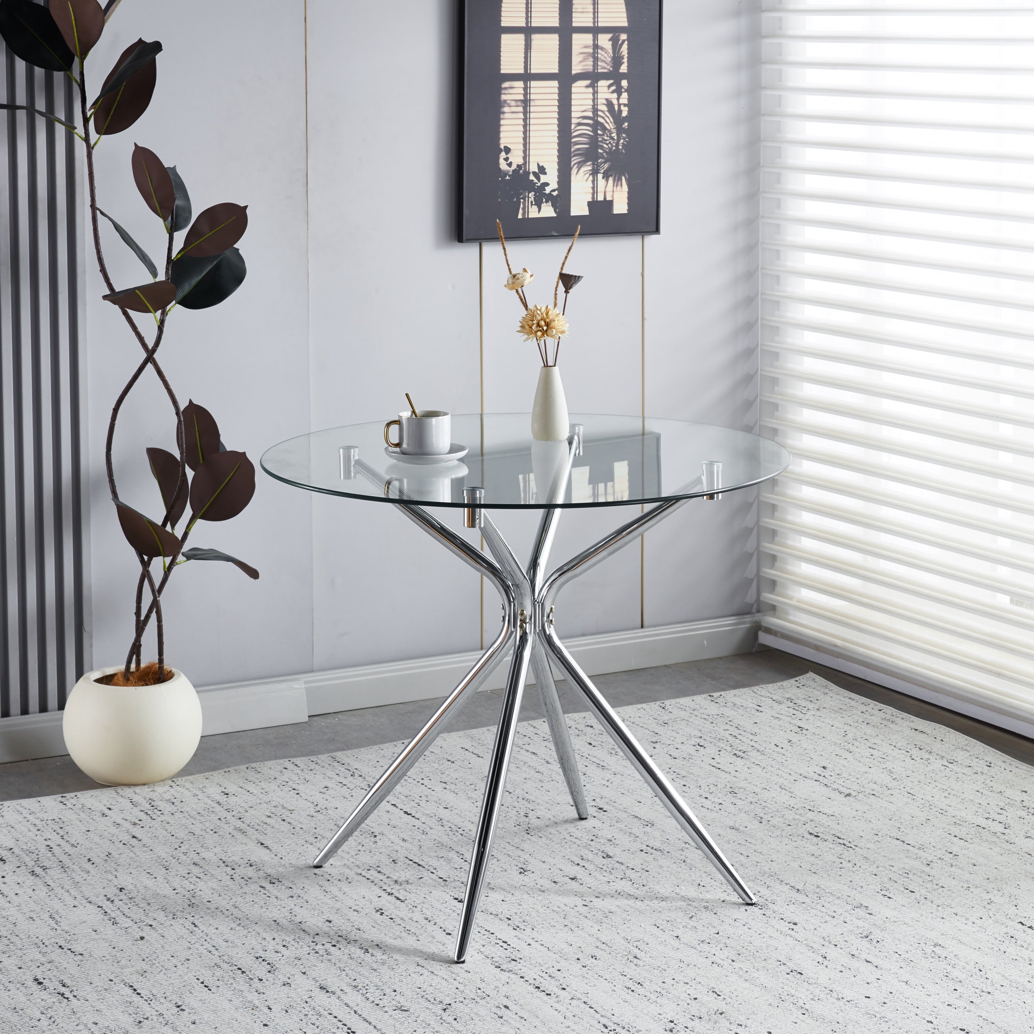 Gdfstudio Luminara Modern Contemporary 35.4 Round Tempered Glass Dining Table With Metal Frame And Sculptural Base 35.43 L