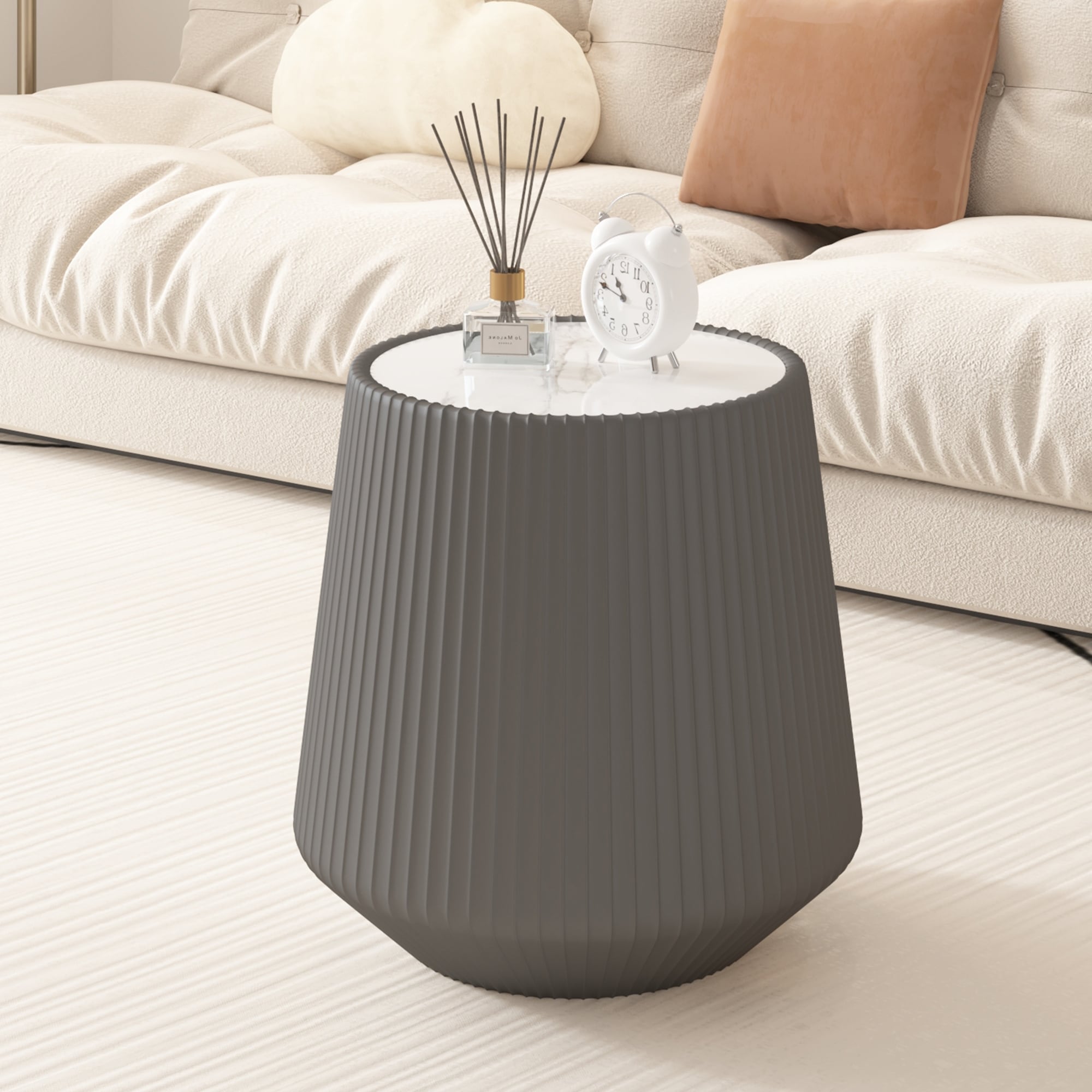 Gdfstudio Lunaris Modern Sintered Stone Top Round Accent Coffee Table With Pu Leather Wrapped Base