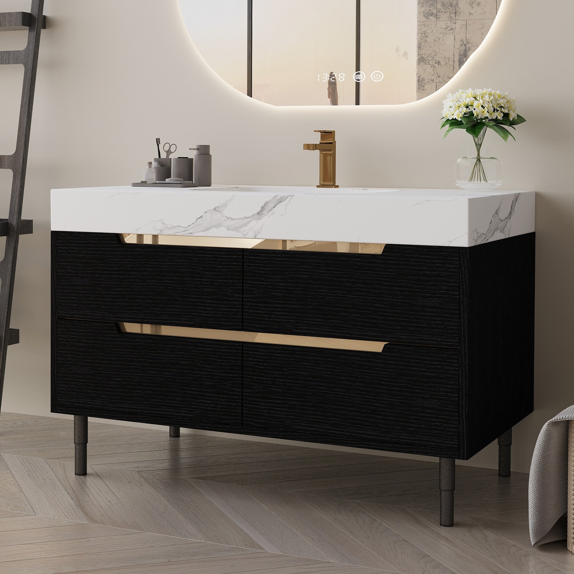 Gdfstudio Luxury 35.4 Versatile Floating Freestanding Sintered Stone Bathroom Vanity With Ceramic Sink Soft Close Drawers