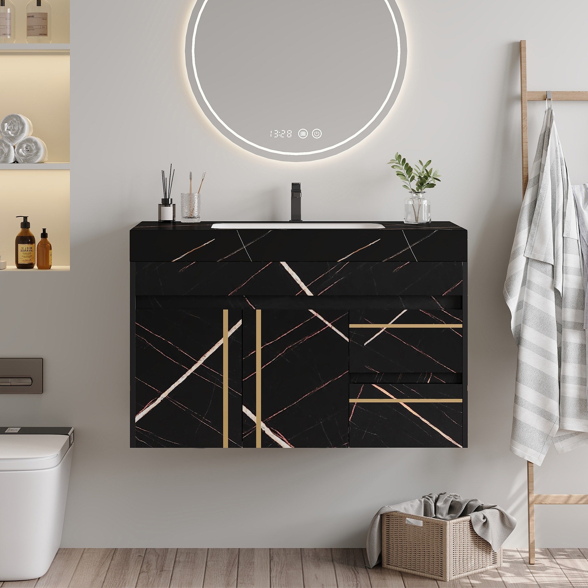 Gdfstudio Luxury 35.4 Floating Wall Mounted Sintered Stone Bathroom Vanity With Ceramic Sink Soft Close Drawers 35.5