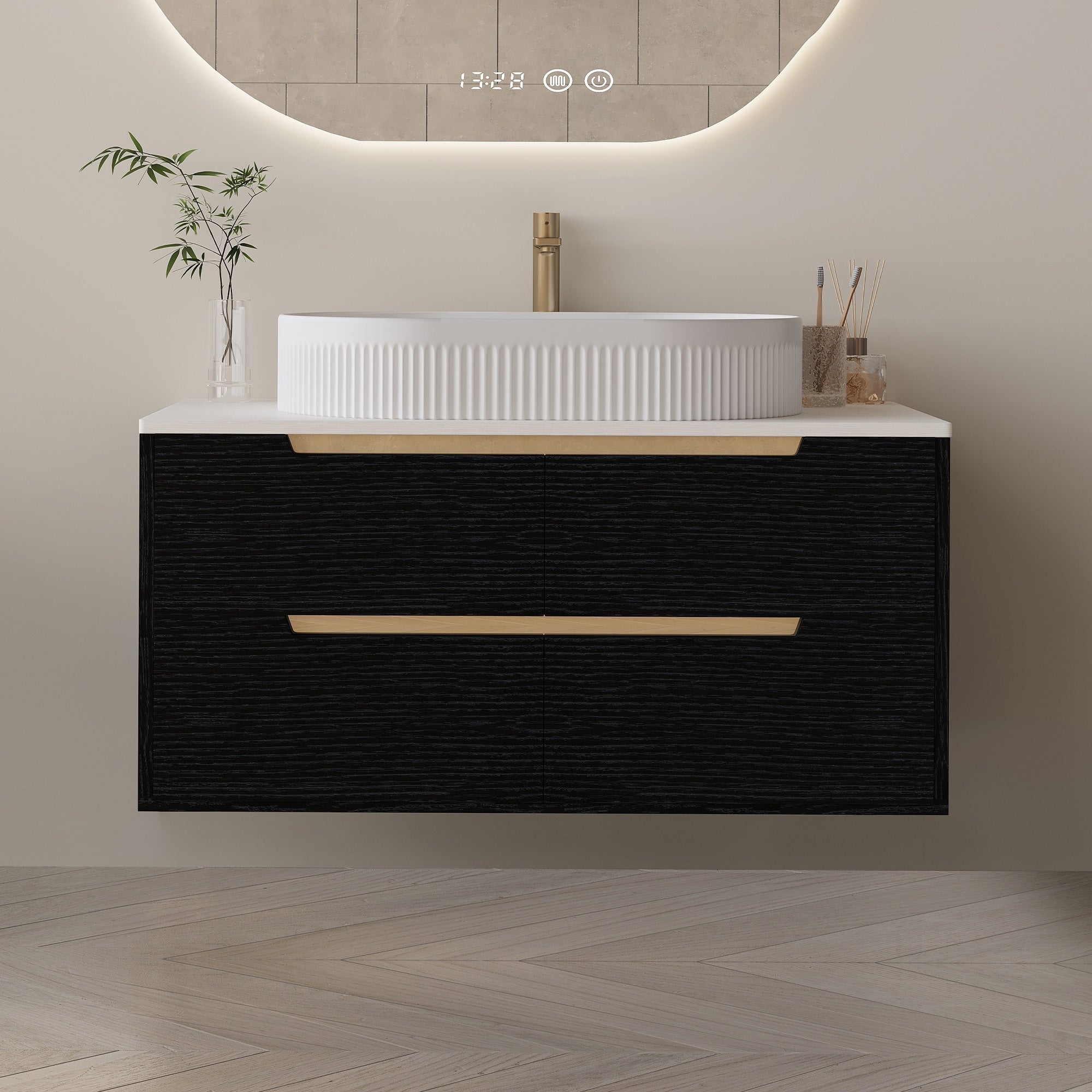 Gdfstudio Luxury 36 Floating Freestanding Sintered Stone Bathroom Vanity With Ceramic Vessel Sink Soft Close Drawers
