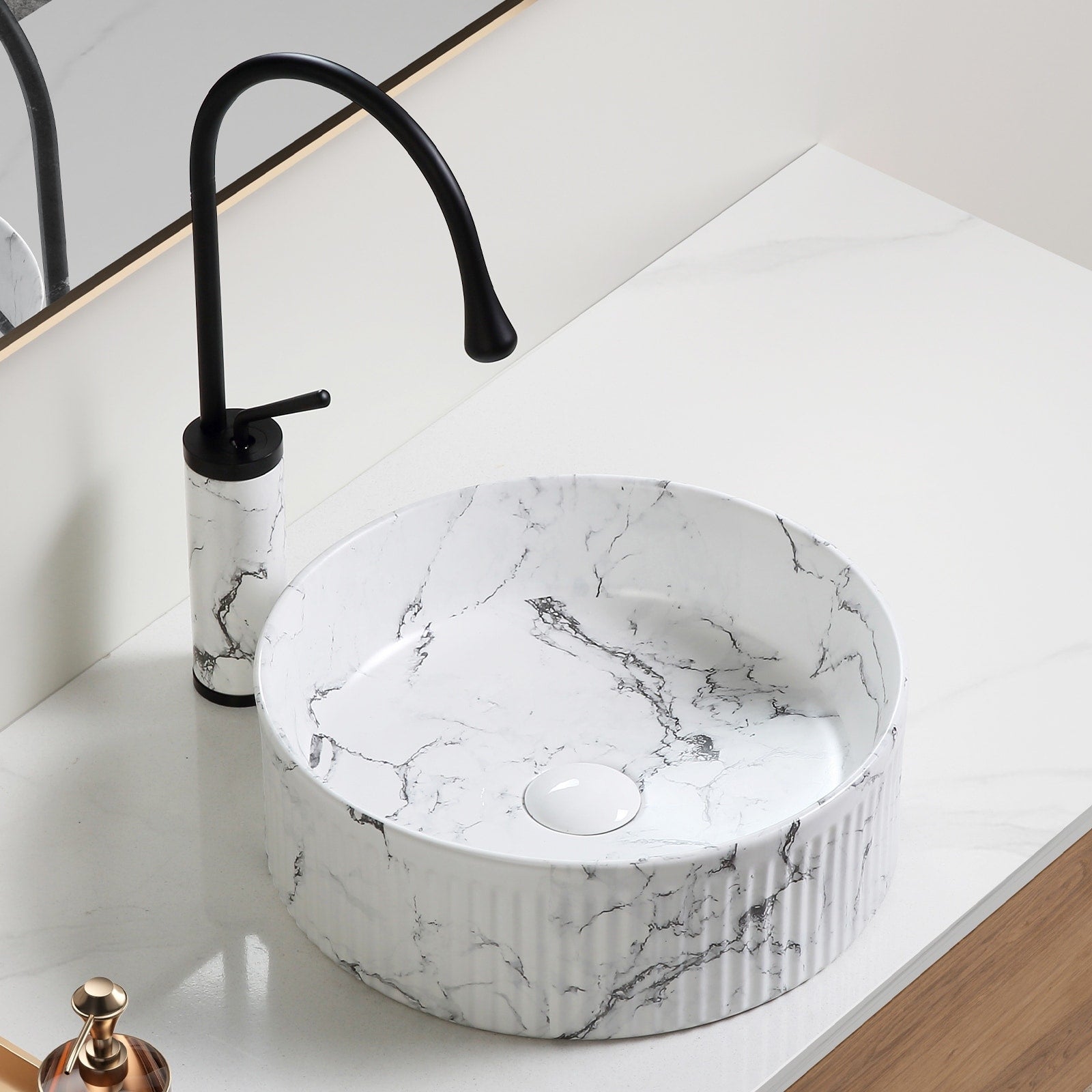 Gdfstudio Luxury Ceramic Vessel Sink With Marble Pattern Surface Included Faucet And Drain 15