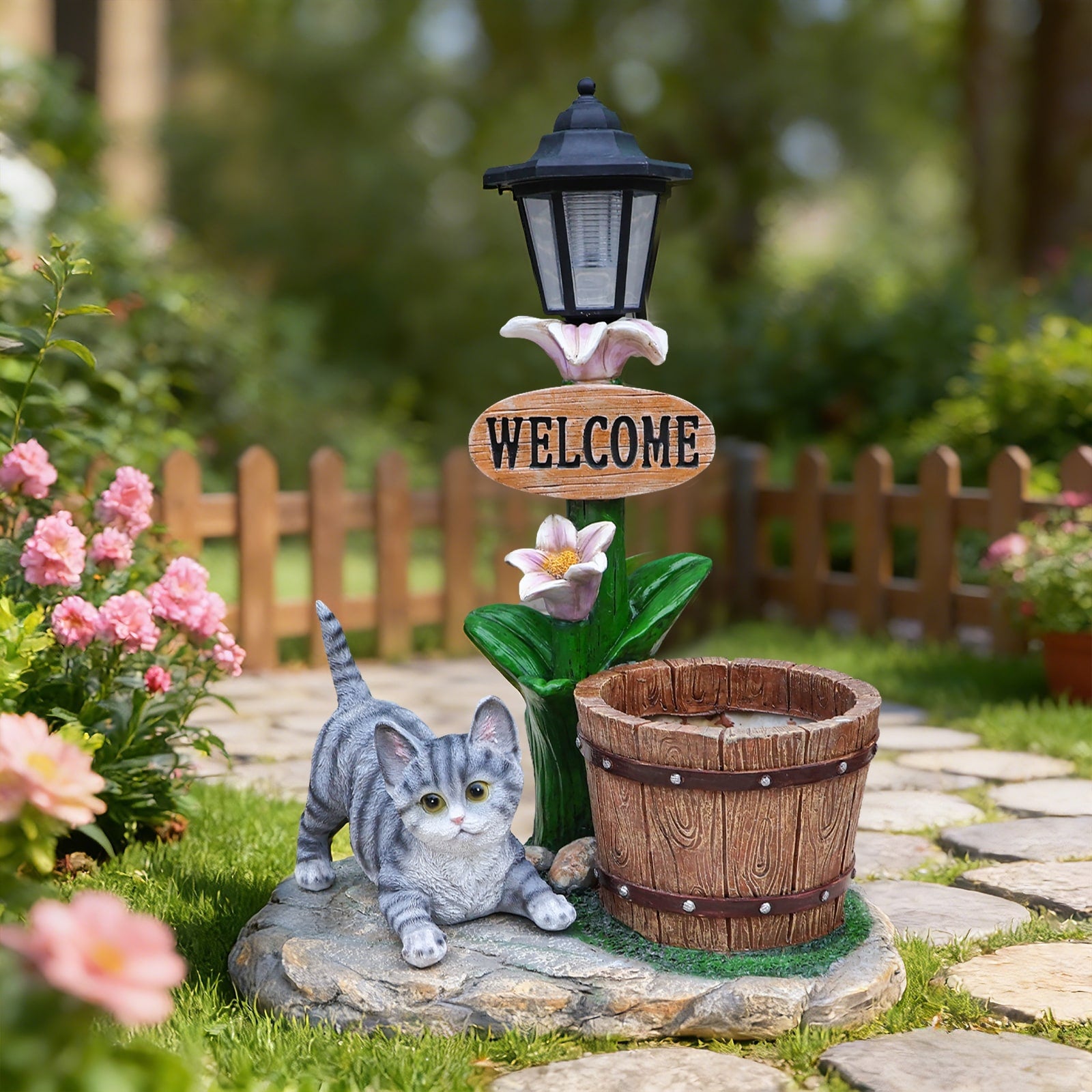 Gdfstudio Lying Cat Solar Planter Statue Resin Outdoor Garden Decor With Led Light