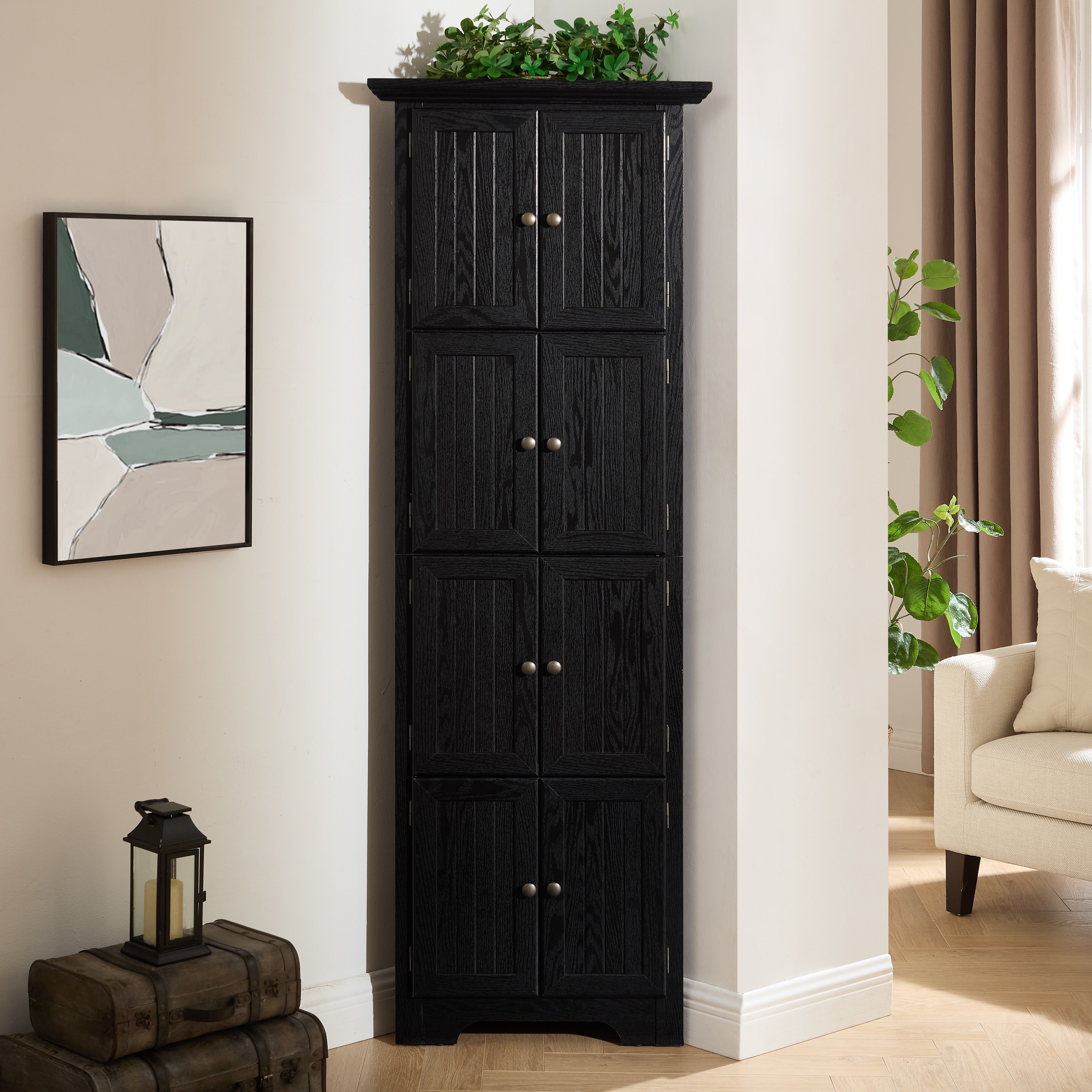 Gdfstudio Lyons Farmhouse Storage Corner Pantry Cabinet With 8 Doors And 4 Tier Shelving