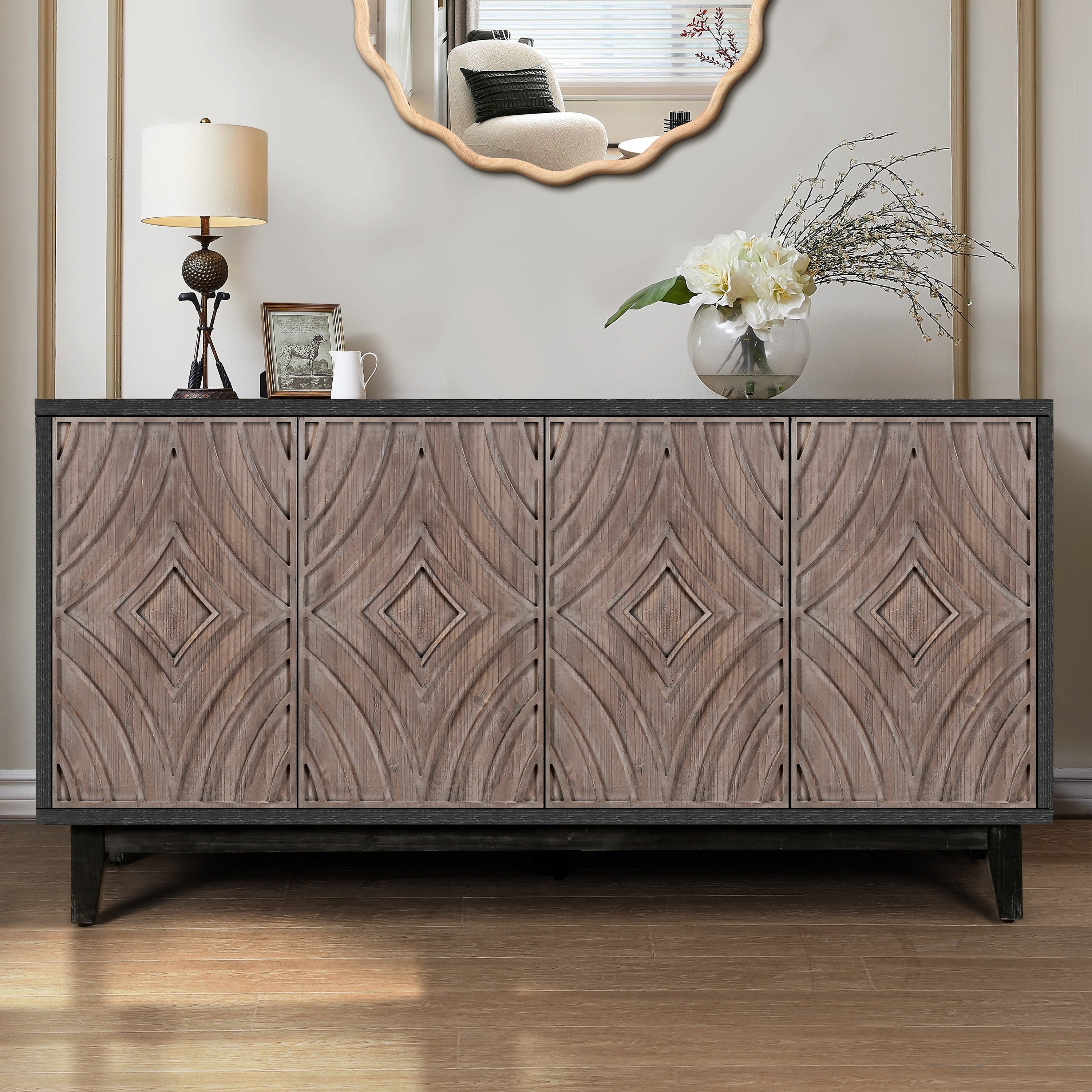 Gdfstudio Masonry Line Mid Century Antique Sideboard Buffet Cabinet With Solid Wood Legs And Adjustable Shelves