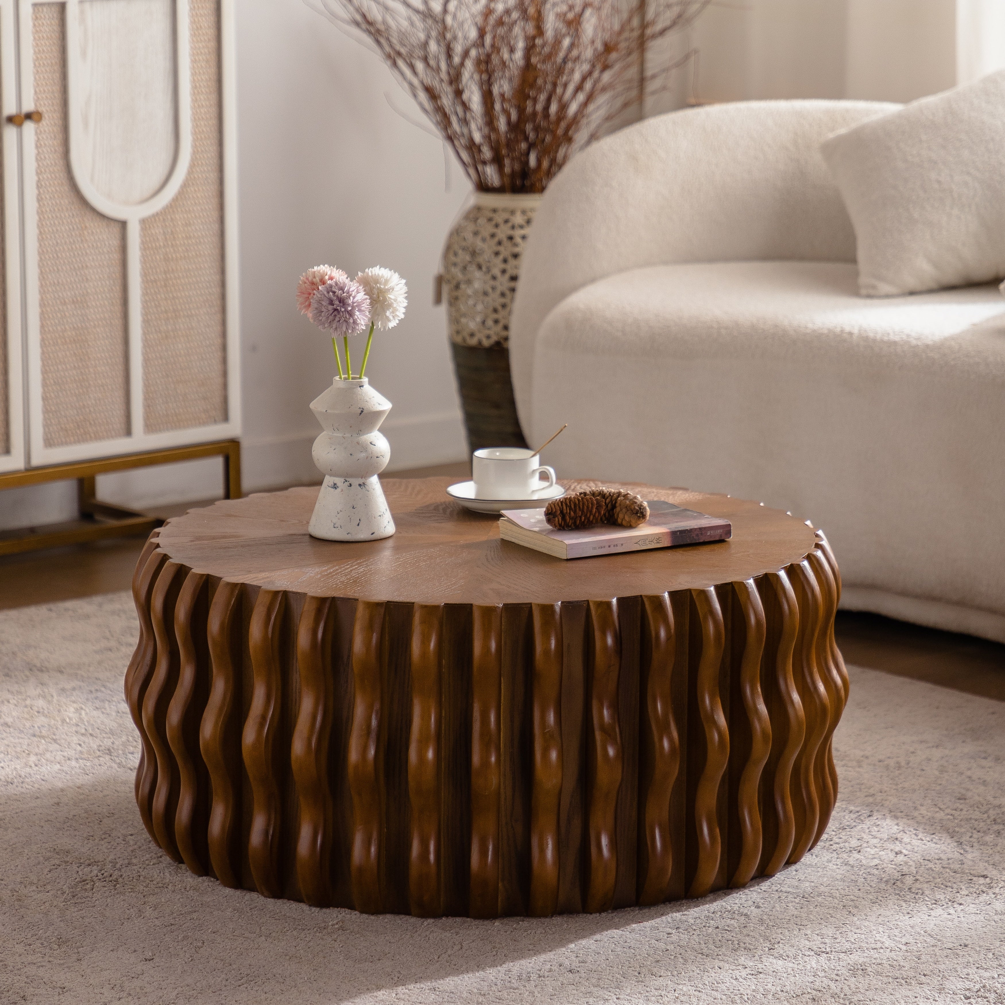 Gdfstudio Mid Century Modern Fluted Drum Coffee Table With Ribbed Wave Design Solid Wood Top
