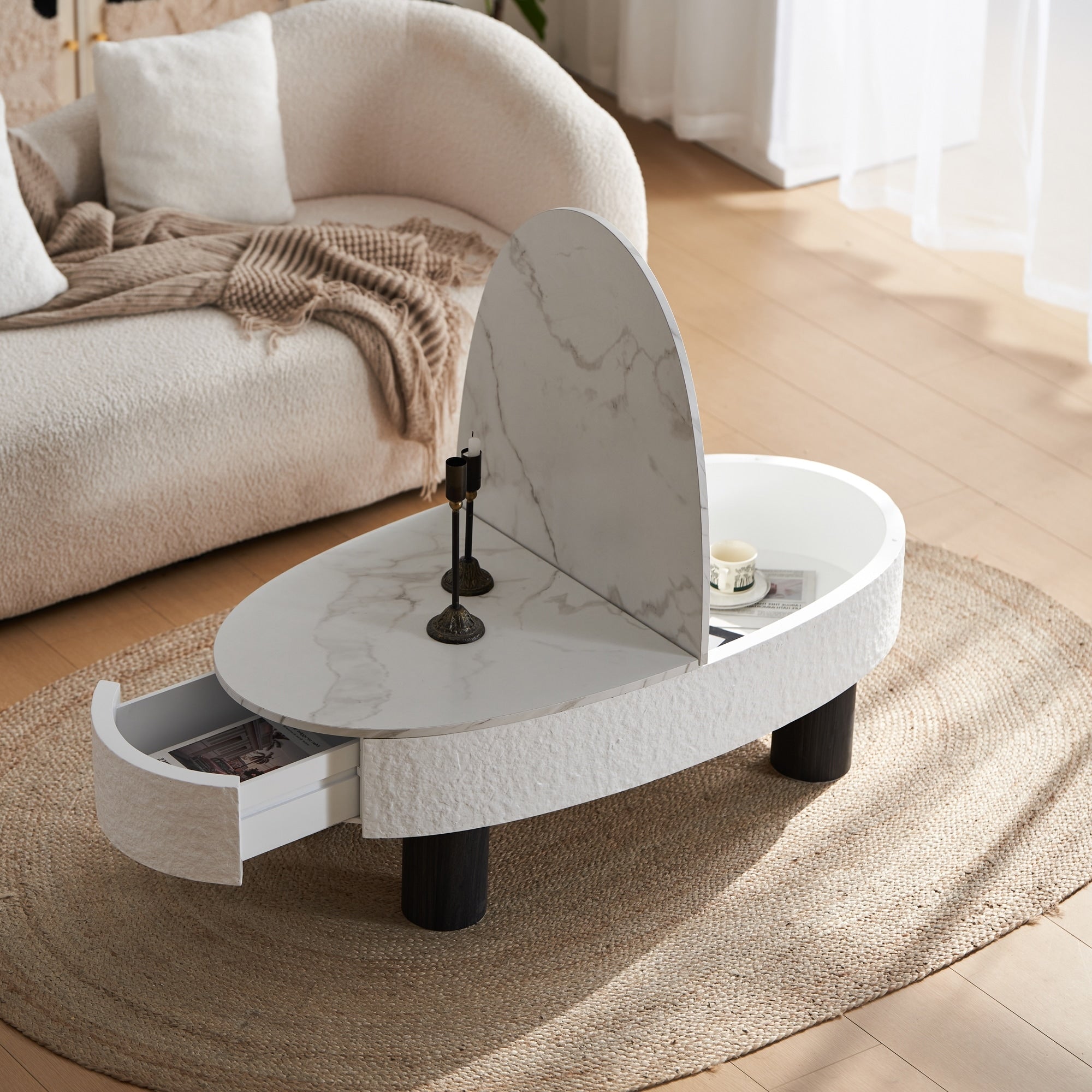 Gdfstudio Mid Century Modern Oval Coffee Table With Faux Marble Top And Hidden Drawer Storage