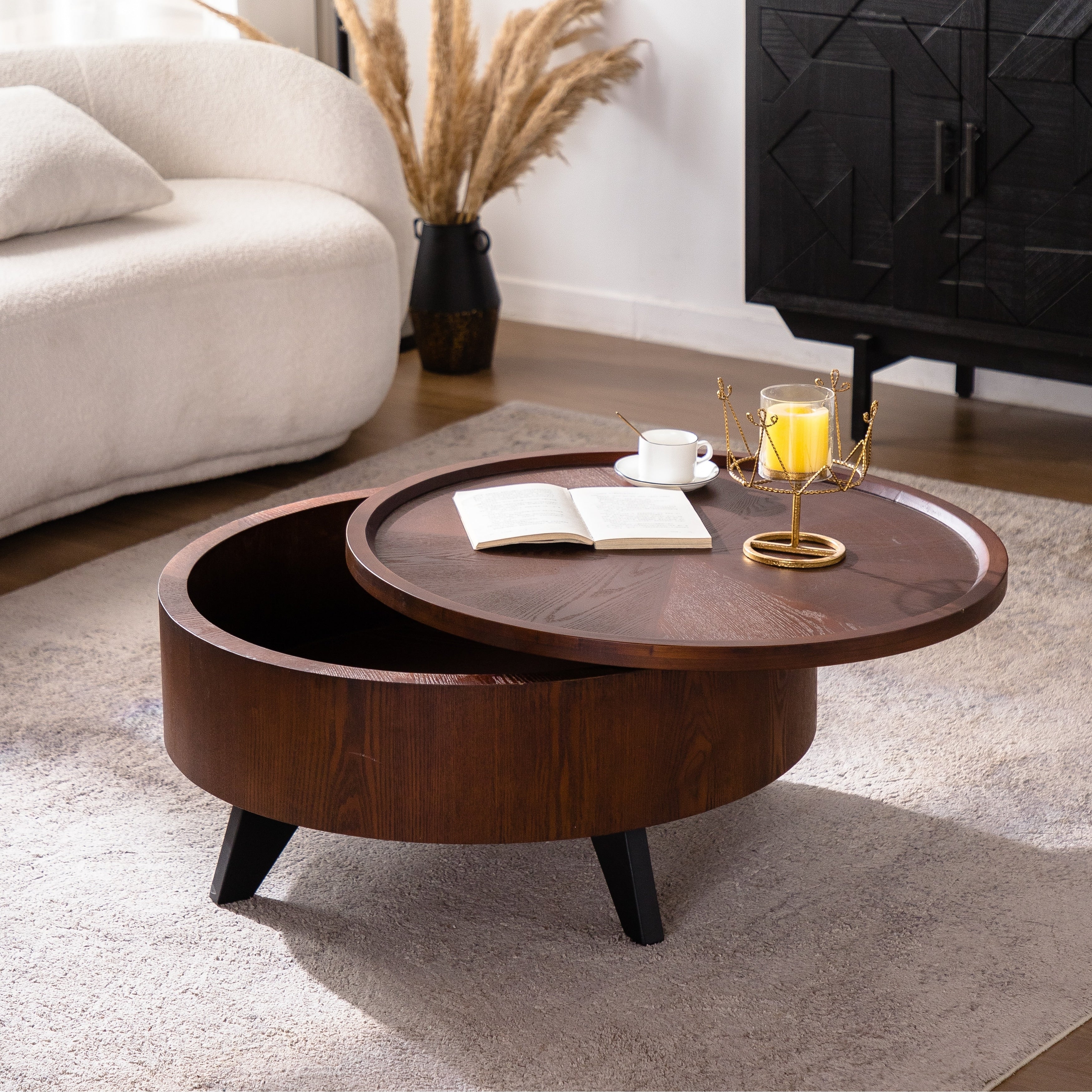 Gdfstudio Mid Century Modern Round Coffee Table With Hidden Storage And Flip Top Lid