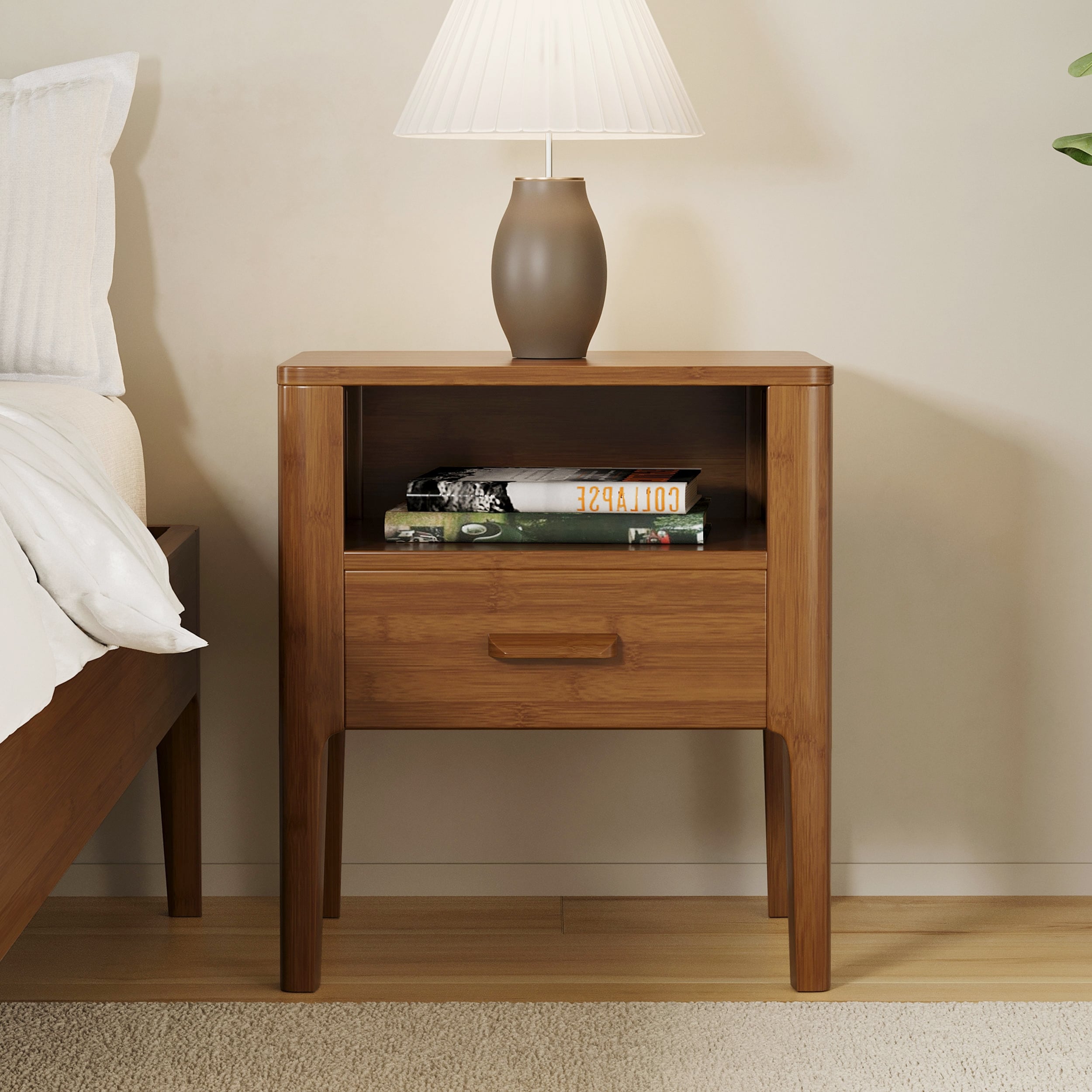 Gdfstudio Miri Mid Century Modern Solid Bamboo Wood Nightstand With Drawer Open Shelf Softly Curved Edges Design