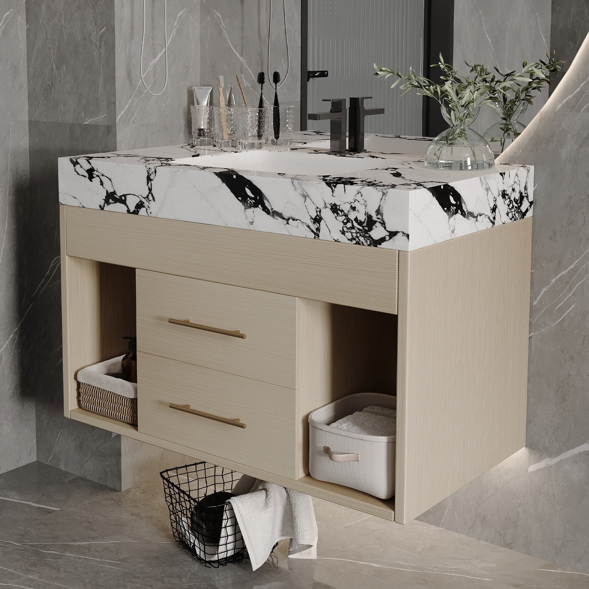 Gdfstudio Modern 29.9 Floating Bathroom Vanity With Sintered Stone Top Ceramic Sink U Shape Drawers