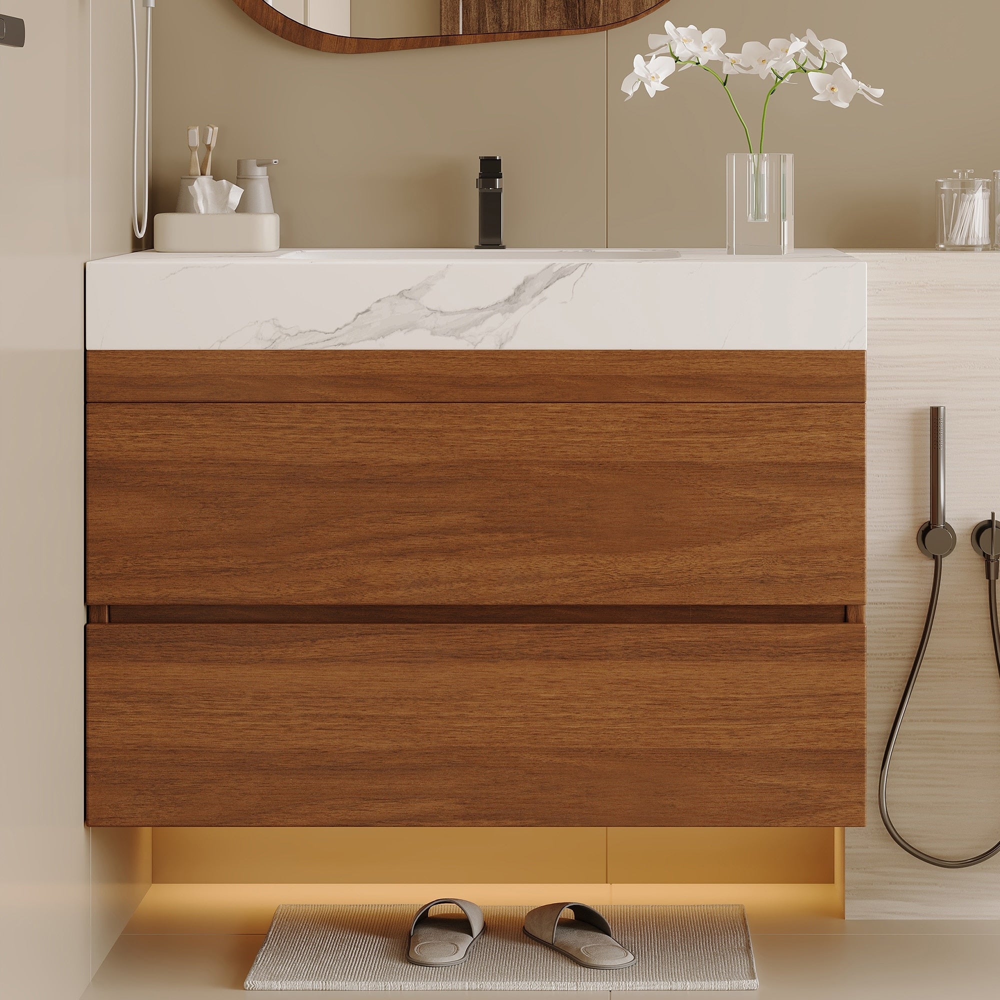 Gdfstudio Modern 31.5 Wall Mounted Bathroom Vanity With Sintered Stone Top Ceramic Undermount Sink Soft Close Drawers